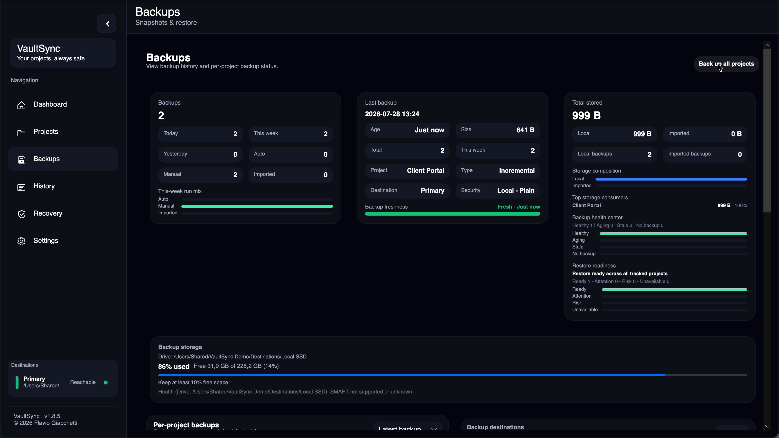 VaultSync backups page
