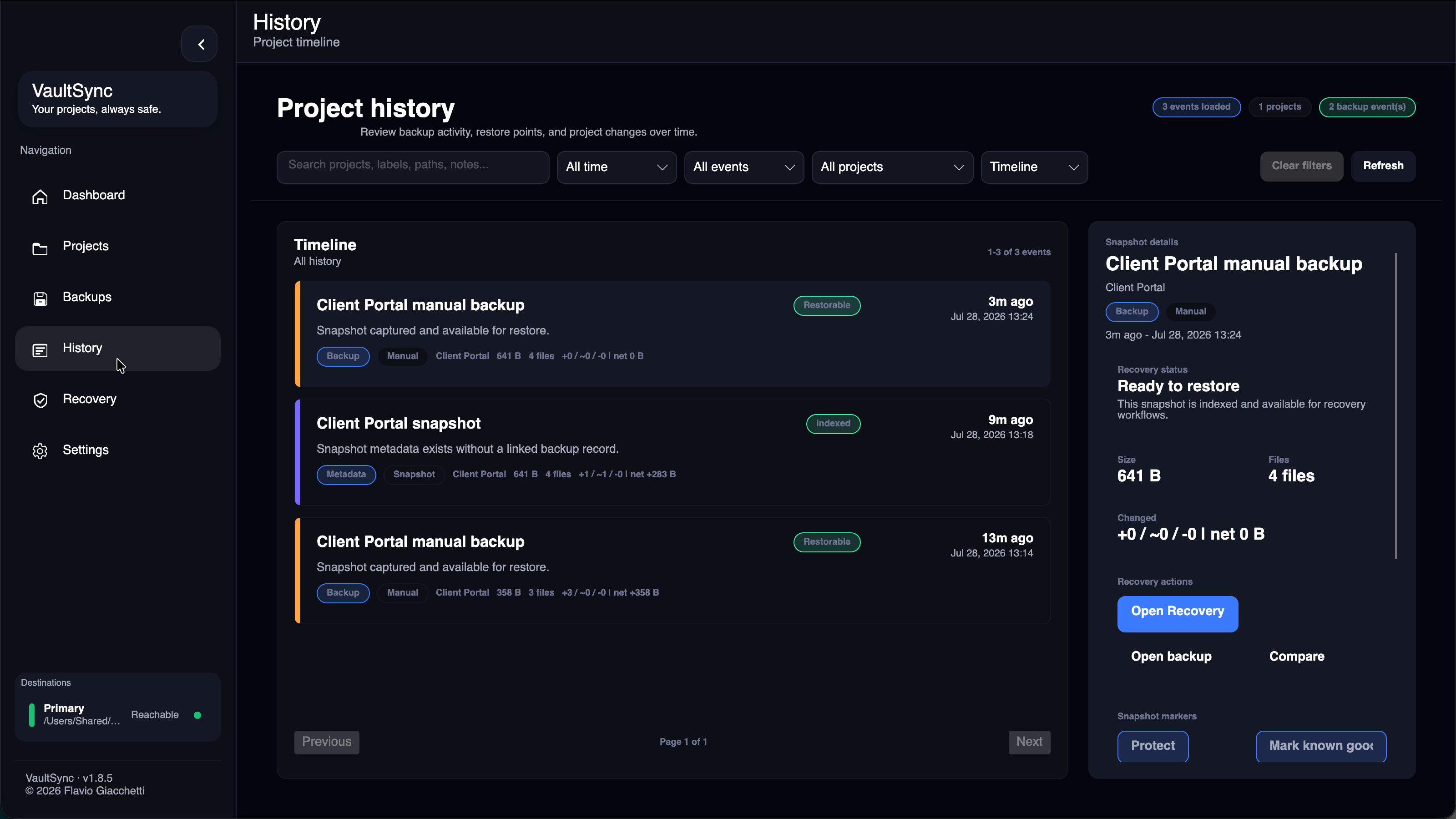 History timeline with searchable restore-point details