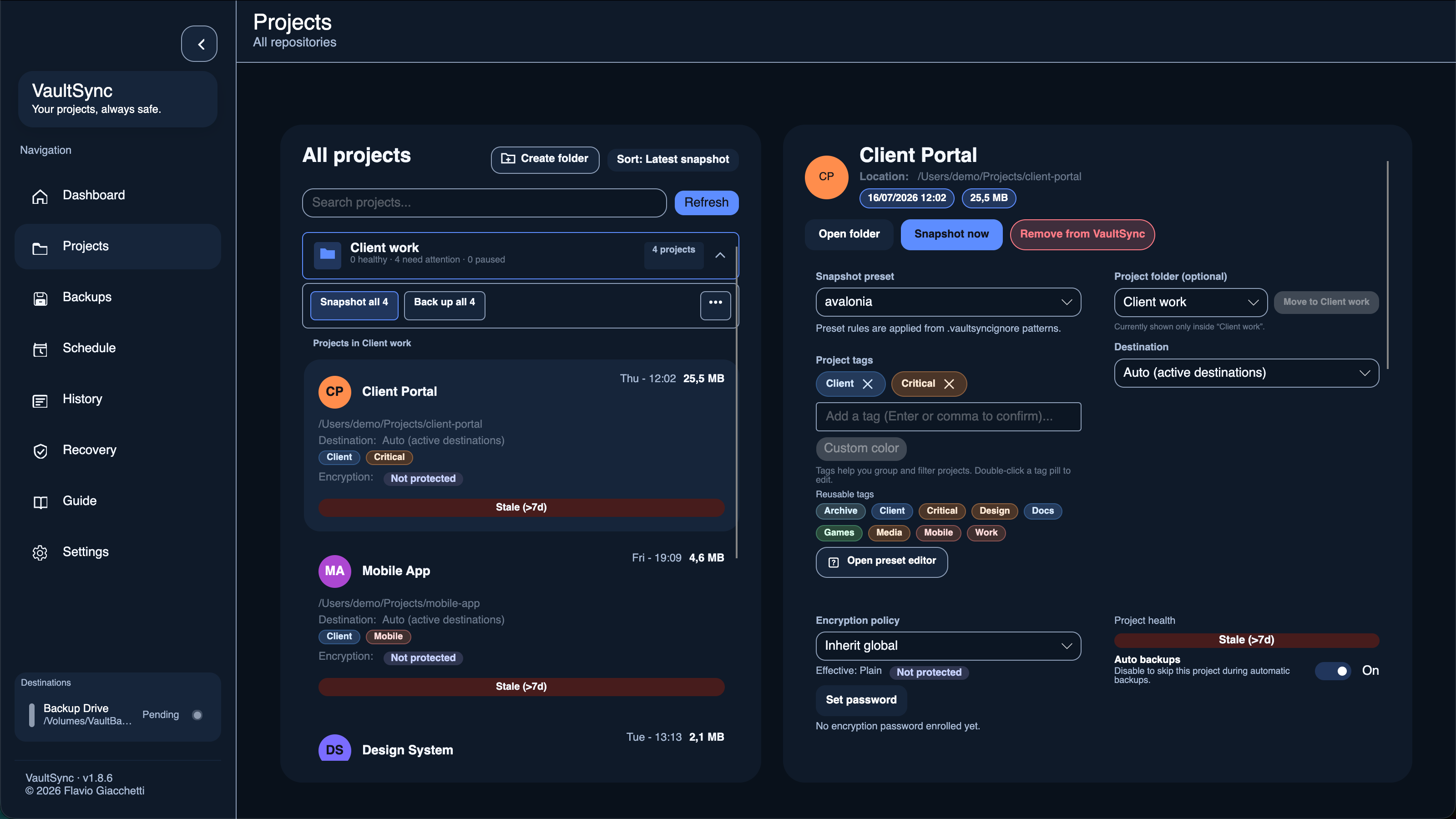 VaultSync projects page