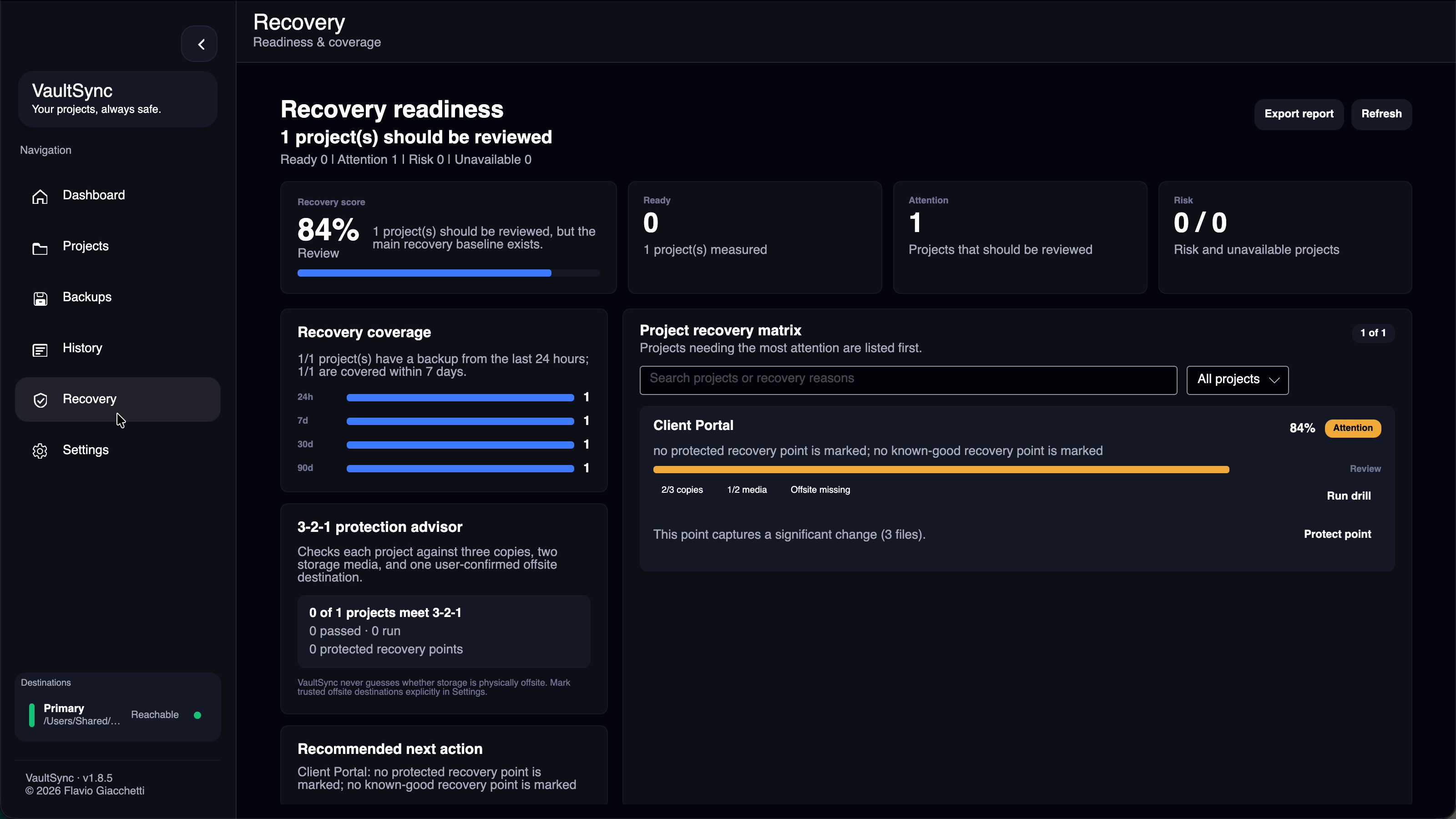 Recovery readiness overview with coverage and project status