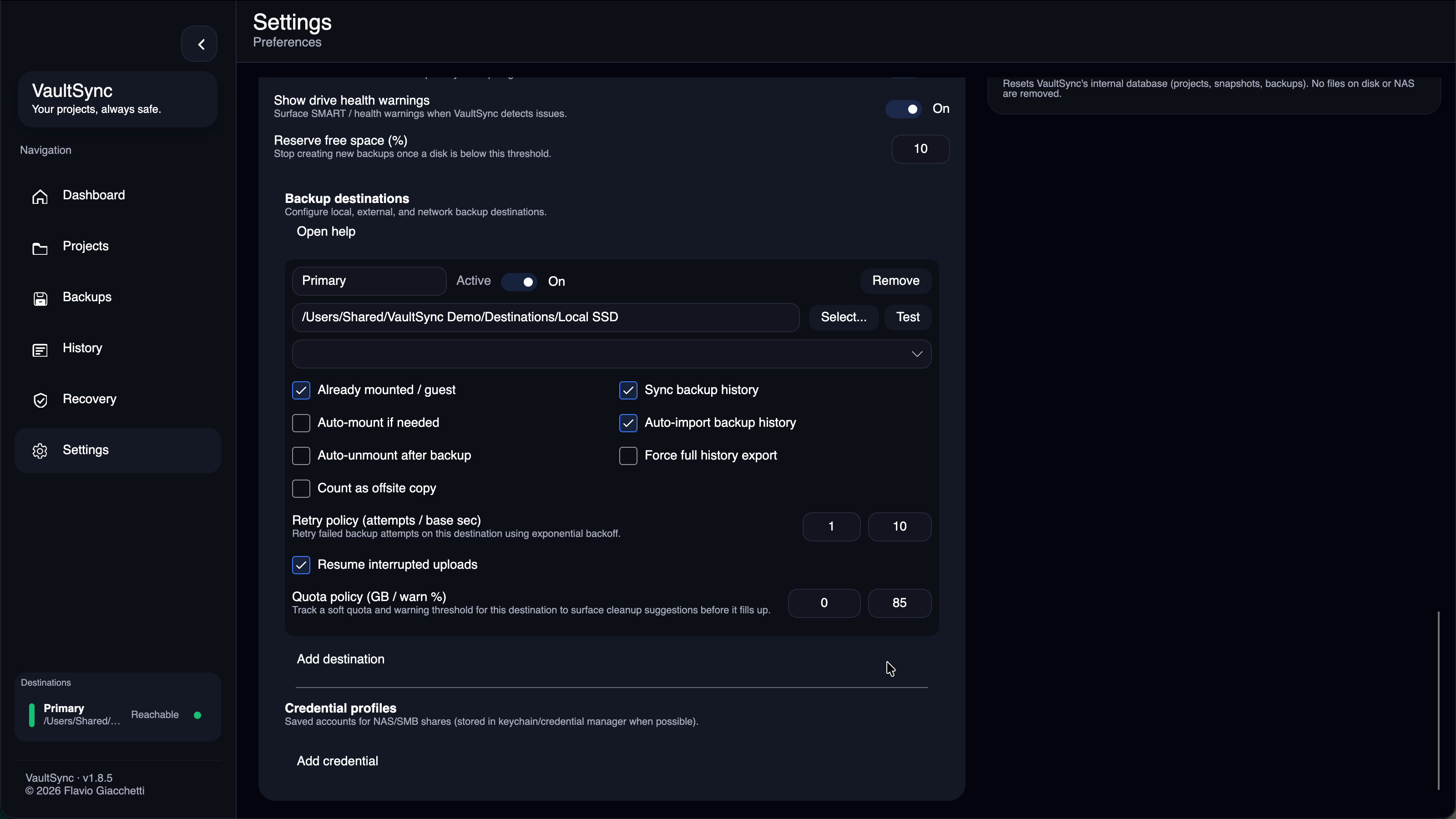 Advanced local, external, and network destination settings