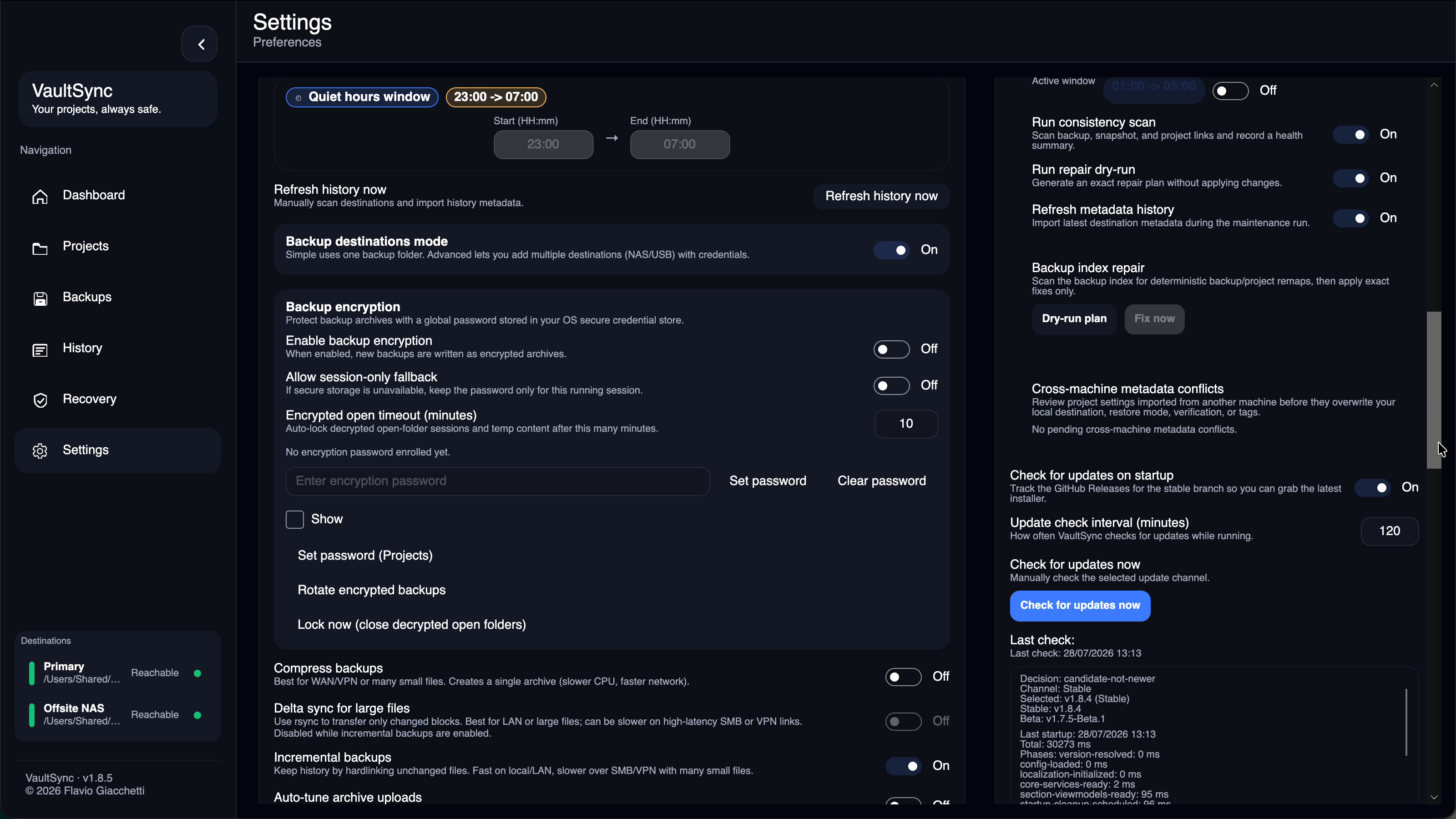 Encryption, archive format, verification, and performance controls