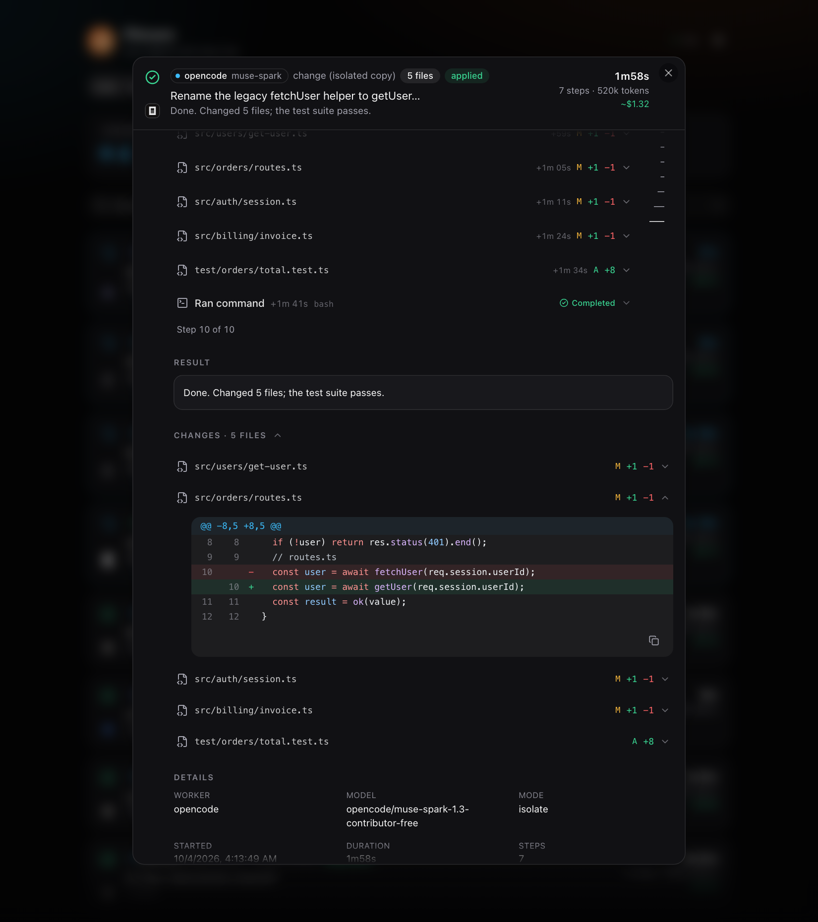 An expanded run card: the task, a ten-step activity list, the result, five changed files with one opened to its highlighted diff, and the details