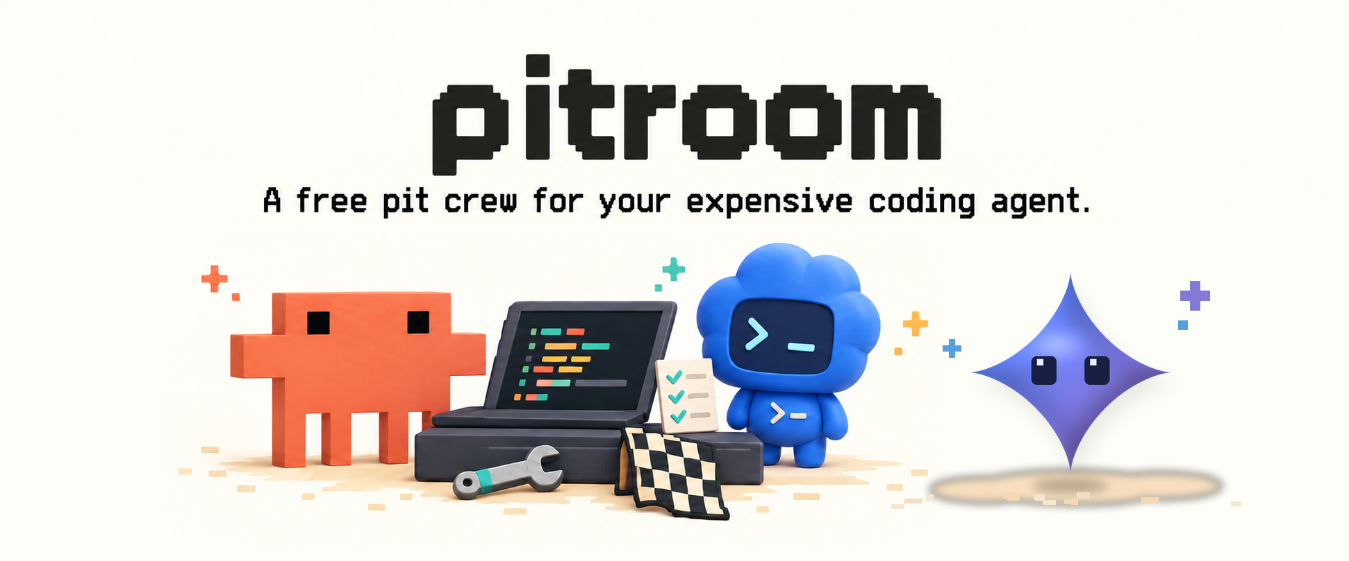 Pitroom — a free pit crew for your expensive coding agent. Orange Claw’d, a blue terminal-faced Codex pet and a purple-blue Gemini star work together at a coding terminal.