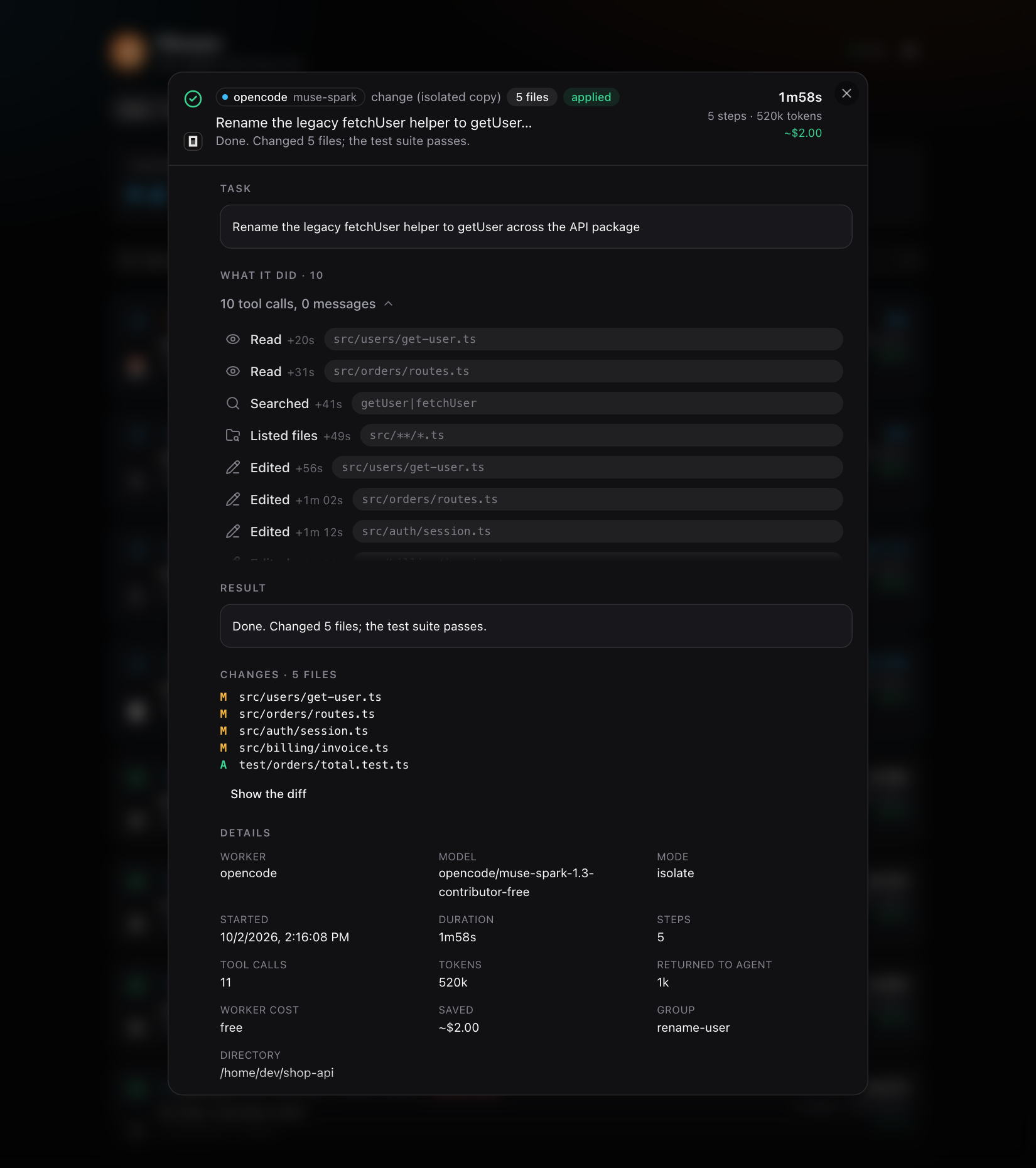 An expanded run card: the task, a ten-step activity list, the result, five changed files and the details