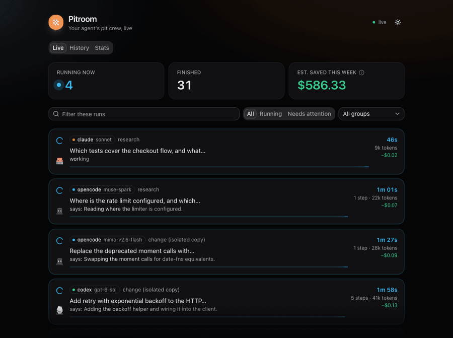 The Pitroom dashboard: running workers with their animated mascots, a finished run opening into its task, steps, result and diff, then the History and Stats tabs (sample data)