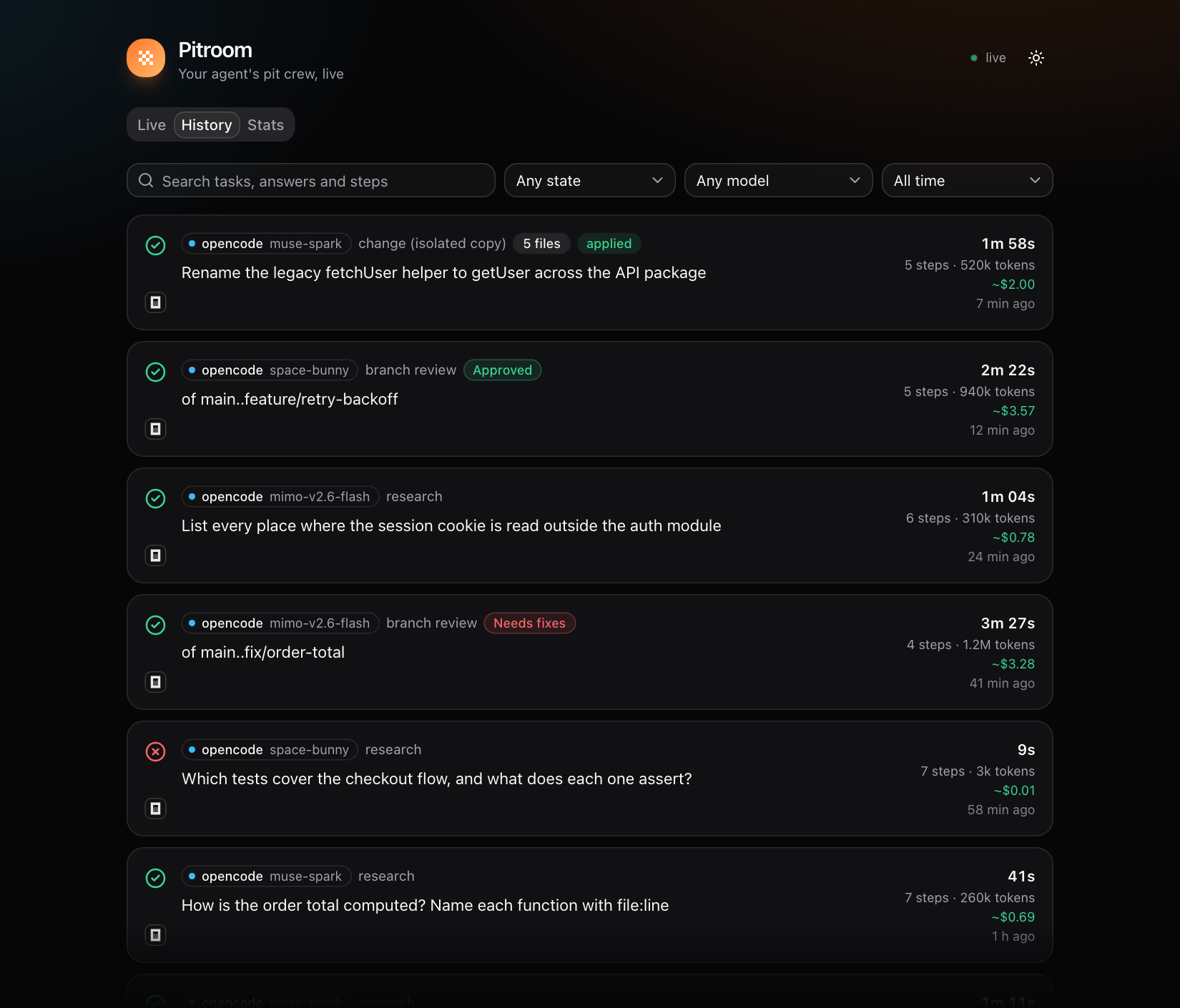 The History tab: a search box, filters and every past run as a card