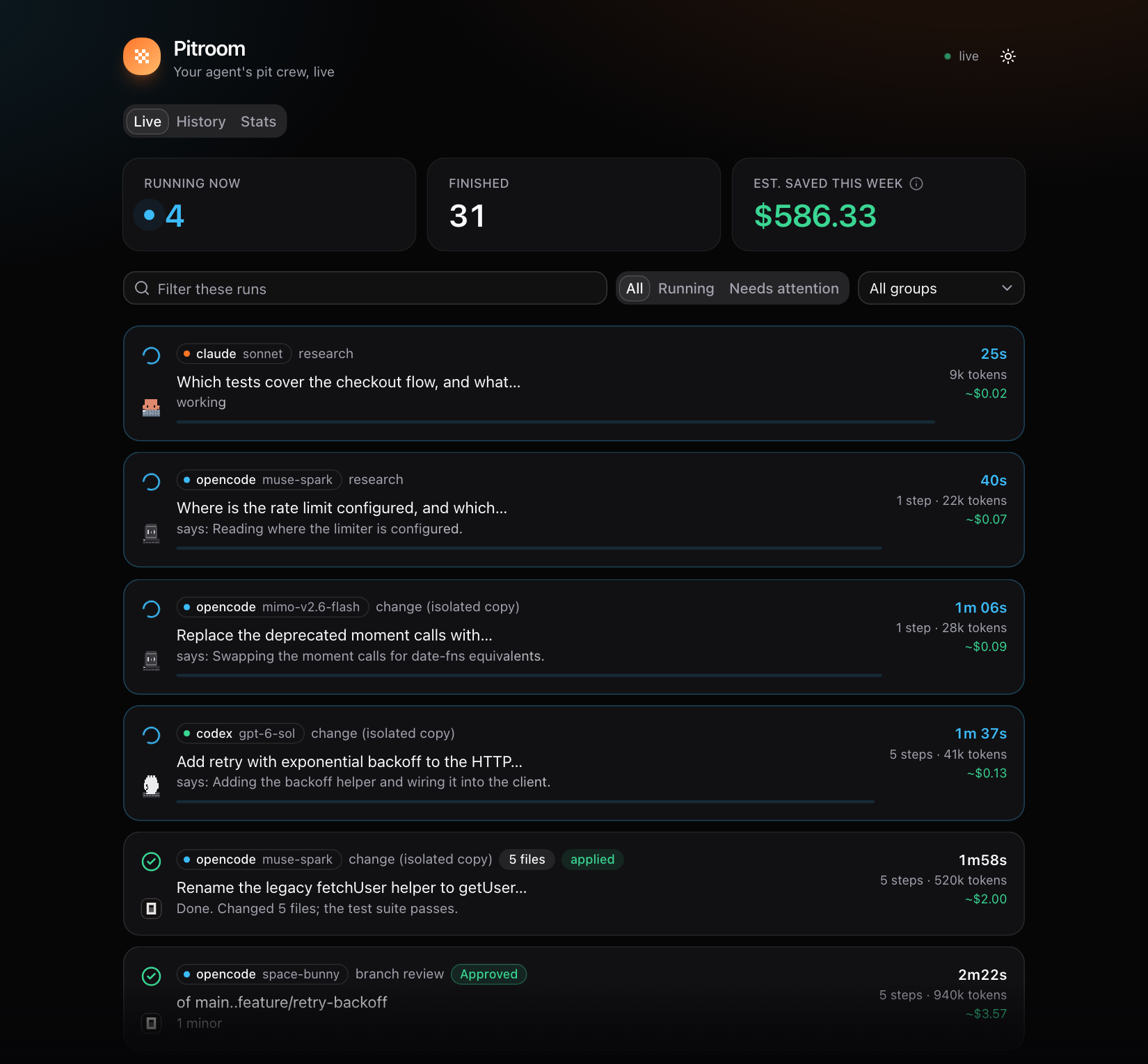 The Live tab: four running workers with timers and progress bars, then finished runs with approved and needs-fixes badges, step counts, tokens and savings