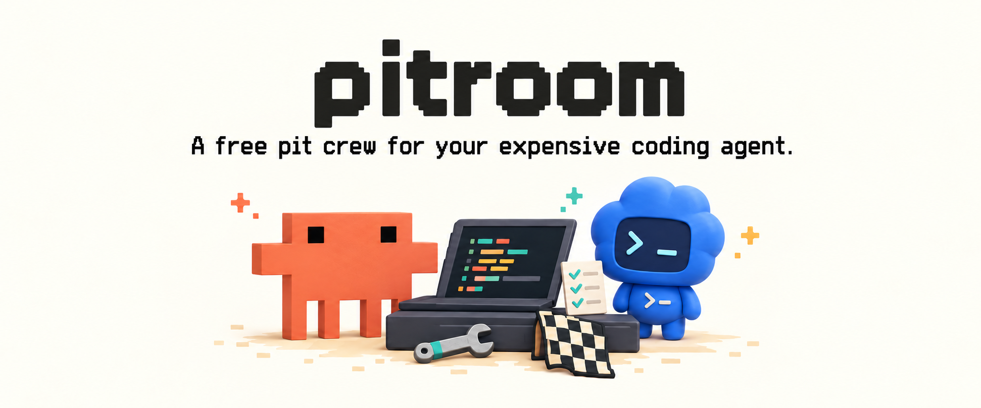 Pitroom — a free pit crew for your expensive coding agent. Orange Claw’d and a blue terminal-faced Codex pet work together at a coding terminal.