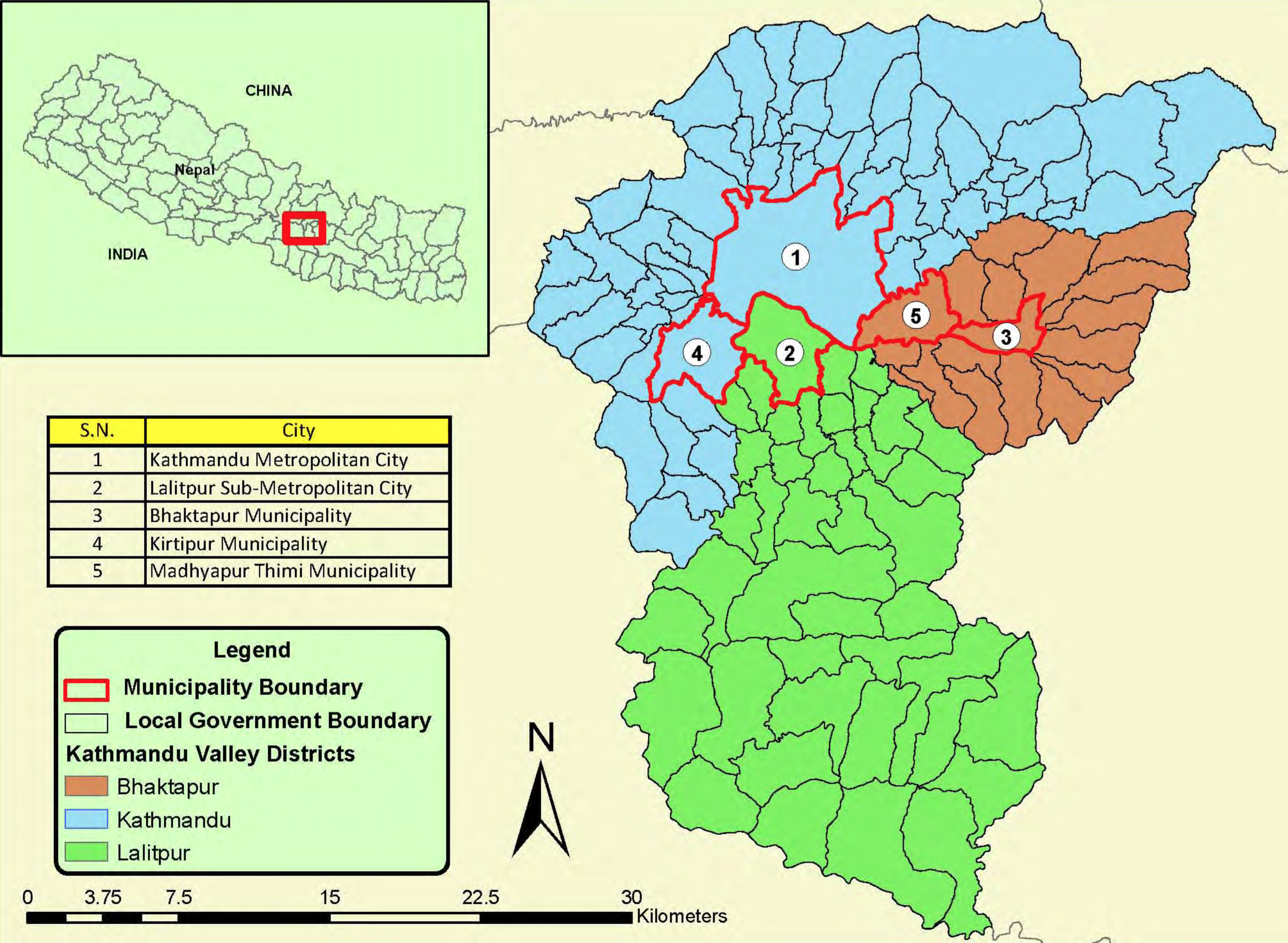 Boundaries of Kathmandu, Lalitpur and Bhaktapur Districts, their municipalities, and Kathmandu Valley. Source: East-West Center, 2009