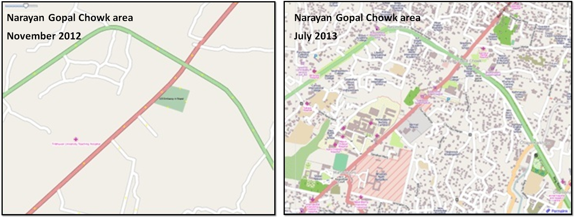 Improved representation of Kathmandu on OpenStreetMap after KLL efforts. Zooming-in view of a typical intersection in Narayan Gopal Chowk area of Kathmandu. Source: KLL, 2018.