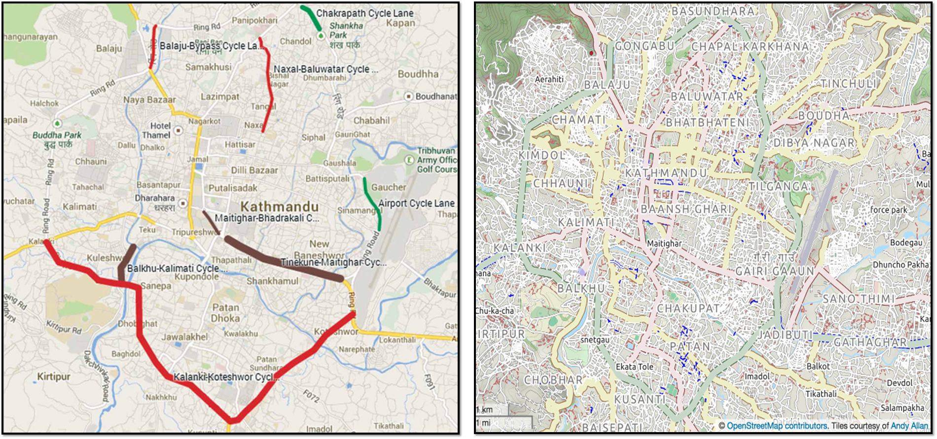 Left map: Planned road (brown), Underconstruction (red) and existing (green) cycle tracks as of December 2013. Source: CEN, 2013c, background Google Maps. Right map: OpenStreetMap Cycle Map and Google Aerial for Kathmandu Metropolitan City. Legend: Existing cycle tracks (blue) according to OSM. Source: openstreetmap.org.