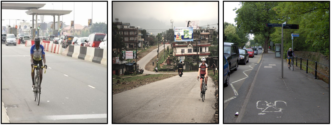Figures illustrating cyclist in (a) Accra, (b) Kathmandu, (c) Bristol