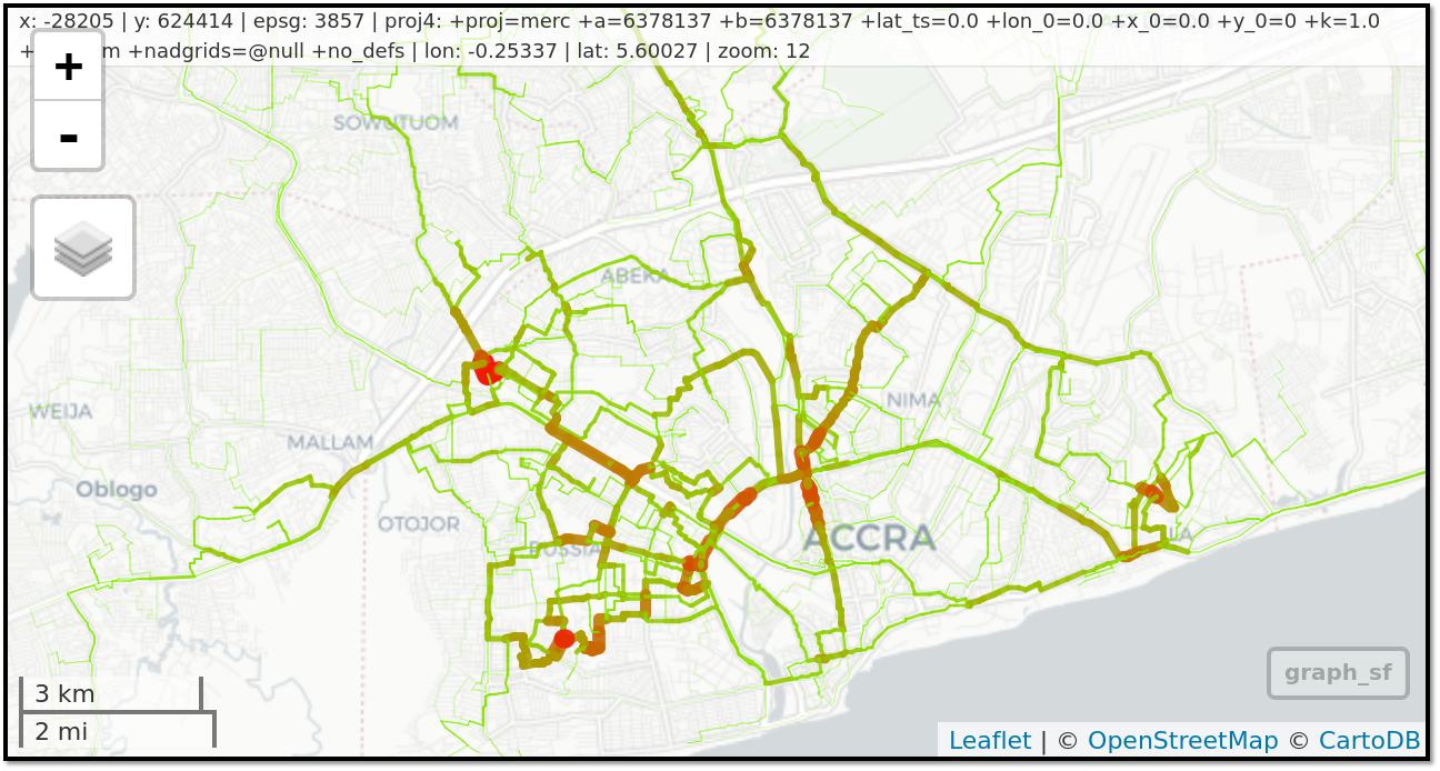 Estimated cycling potential on the route network in Accra.