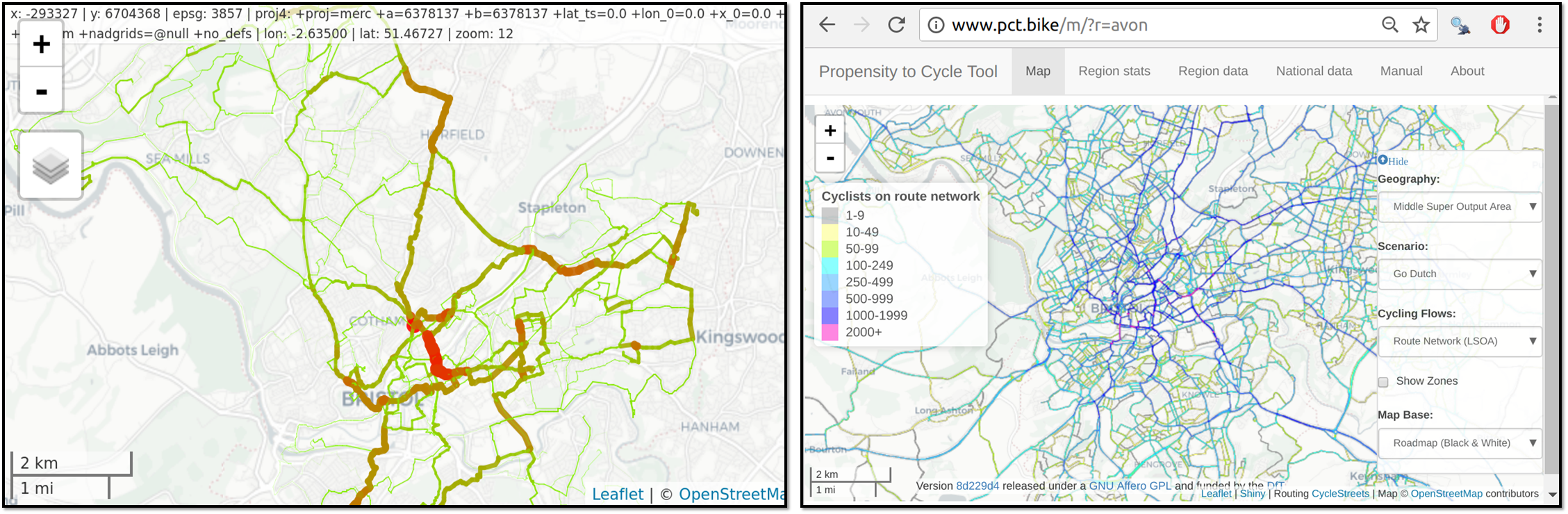 Estimated cycling potential on the route network in Bristol.