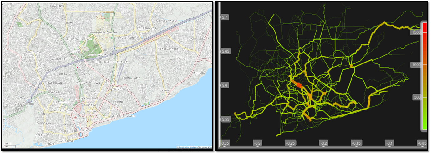 Overview of Accra road network (left) and initial results of cycling potential (right).