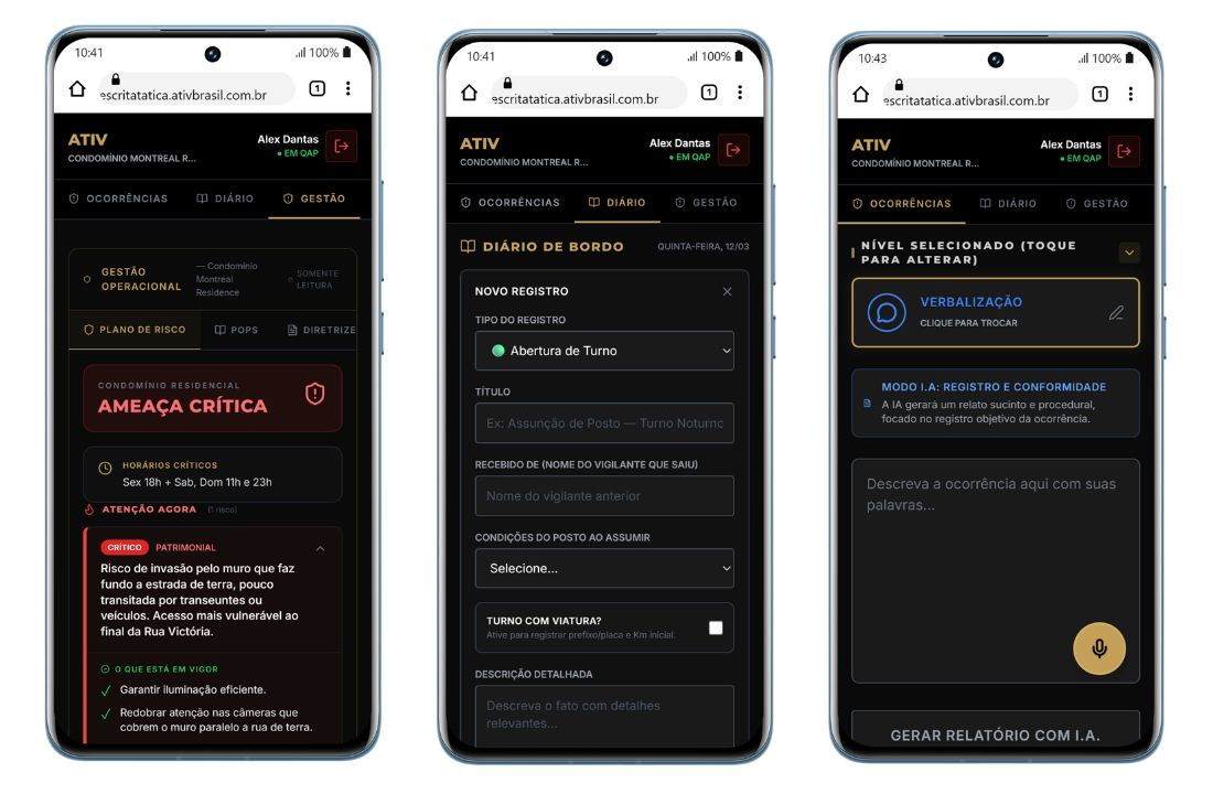 Telas do TACTICAL OS — diário de bordo e gestão operacional