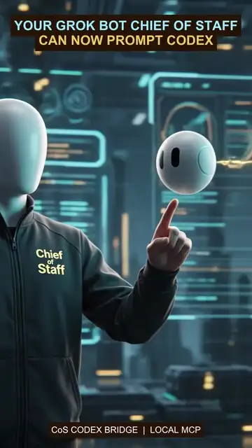 Animated illustration of a Grok Bot Chief of Staff sending work through CoS Codex Bridge to Codex