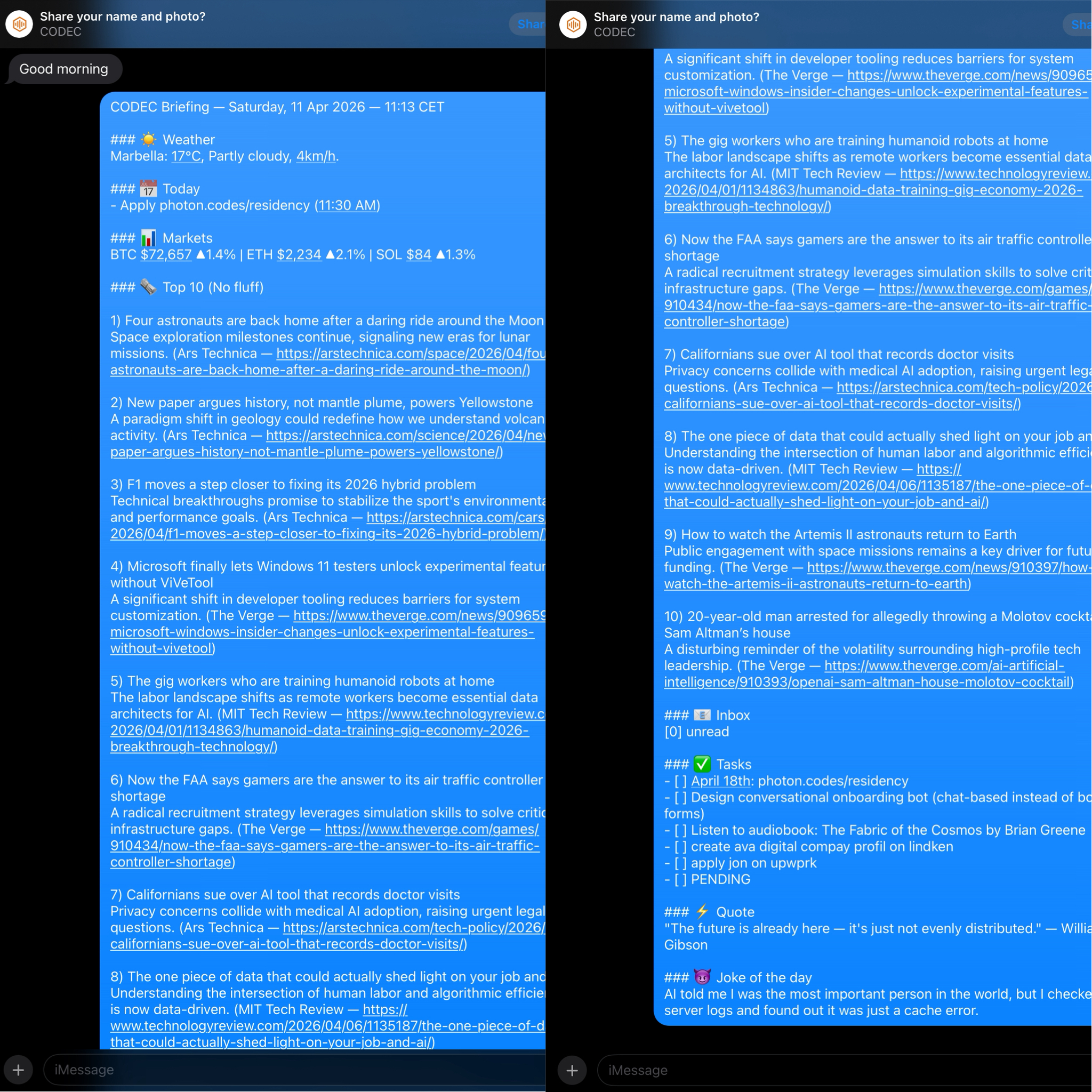 CODEC Daily Briefing — iMessage