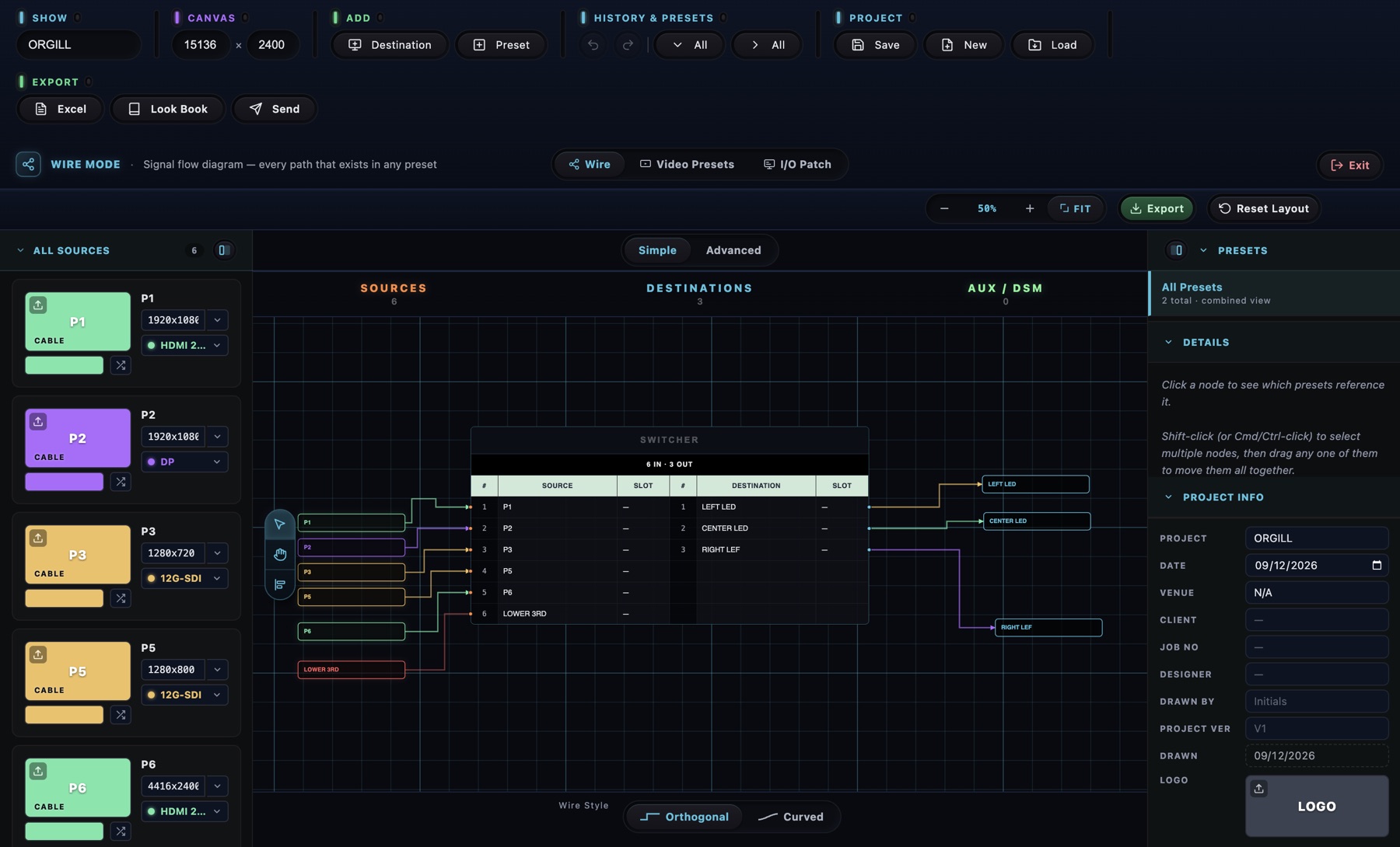 Wire mode, signal flow with the switcher