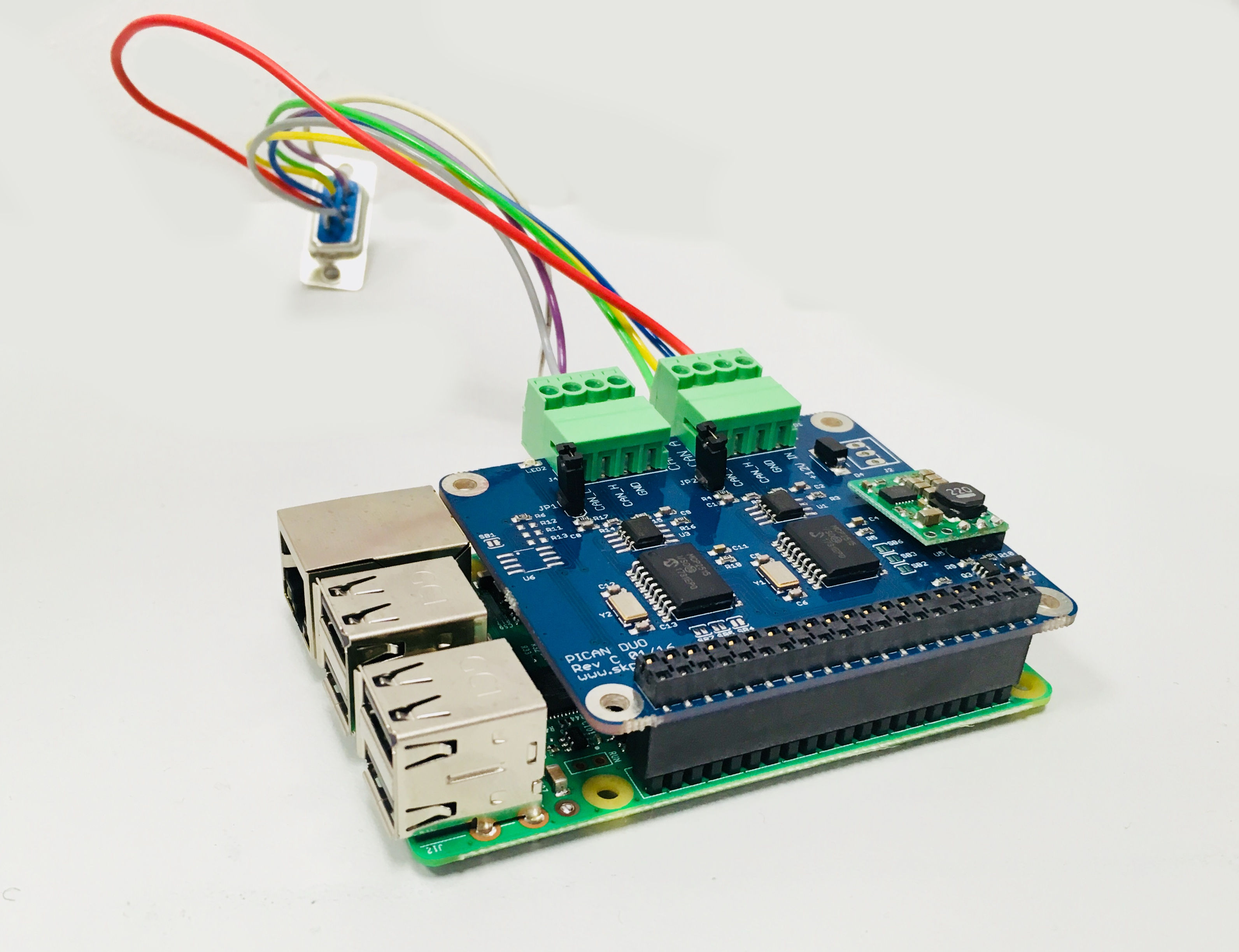 Pican Duo Can Shield mounted to the Raspberry Pi