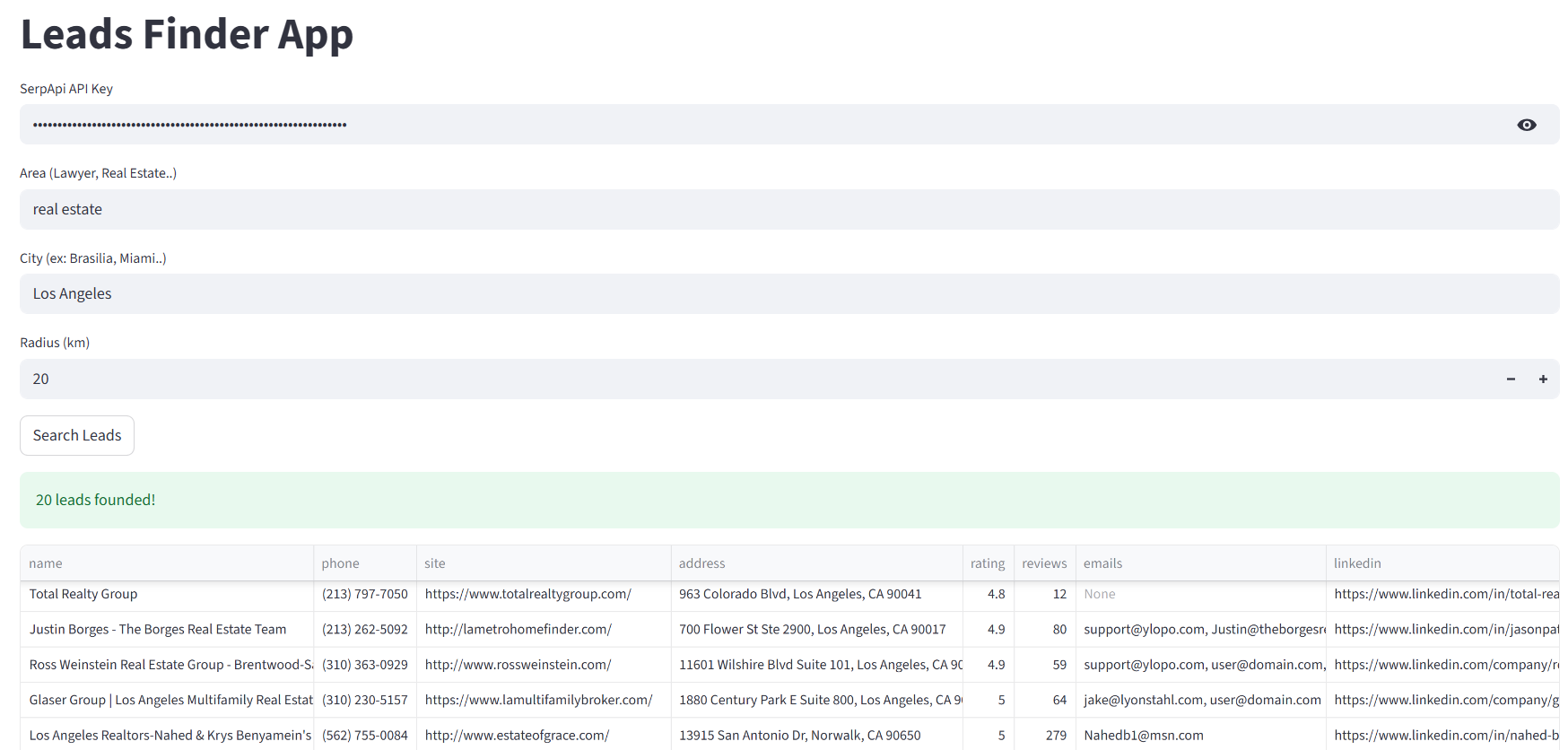 Streamlit Leads Finder Interface