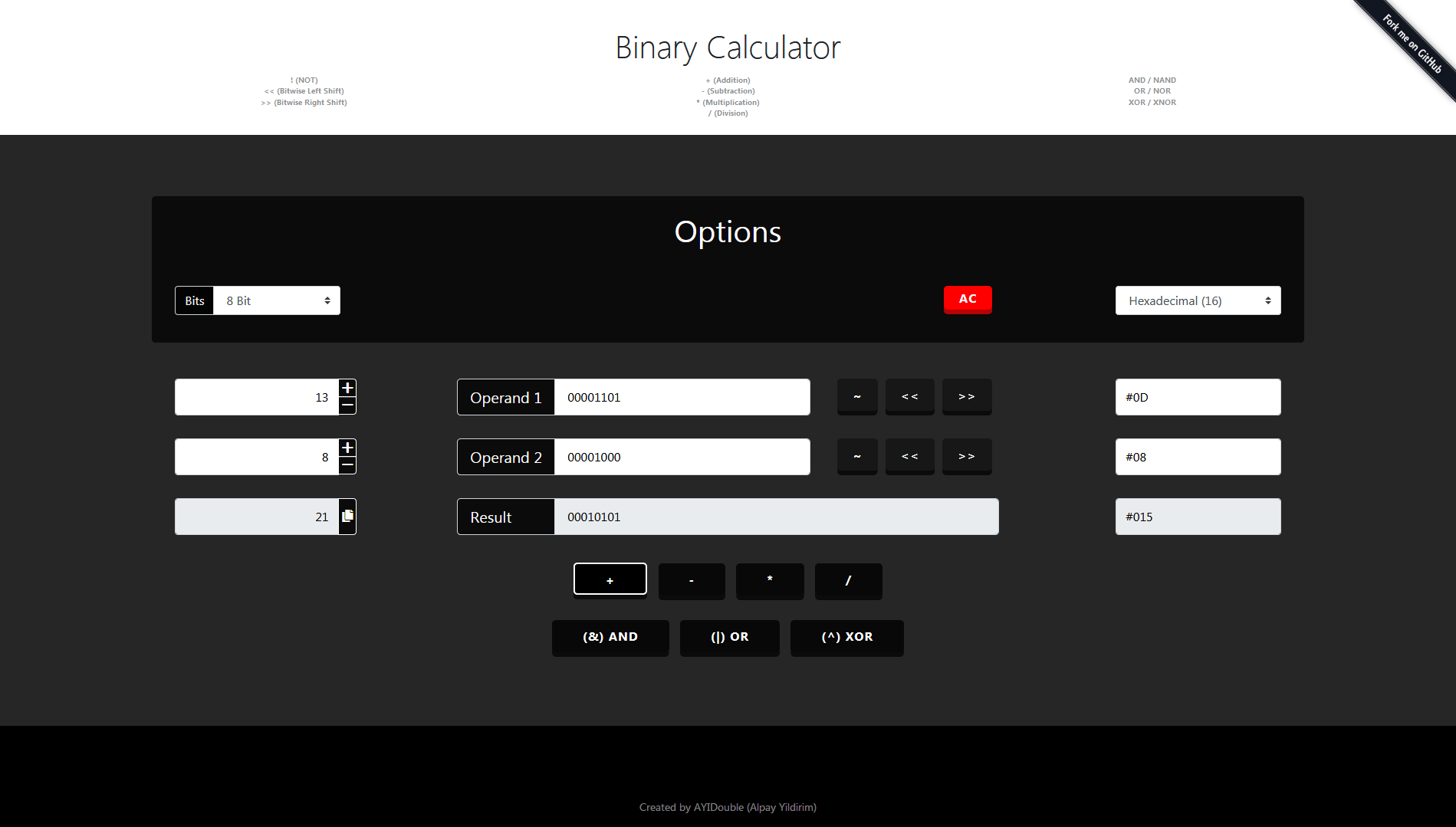 Binary Calculator Addition Subtraction Multiplication Division NOT AND OR XOR