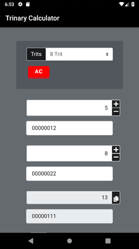 Trinary Calculator Addition Subtraction Multiplication Division NOT AND OR XOR Mobile (Smartphone)