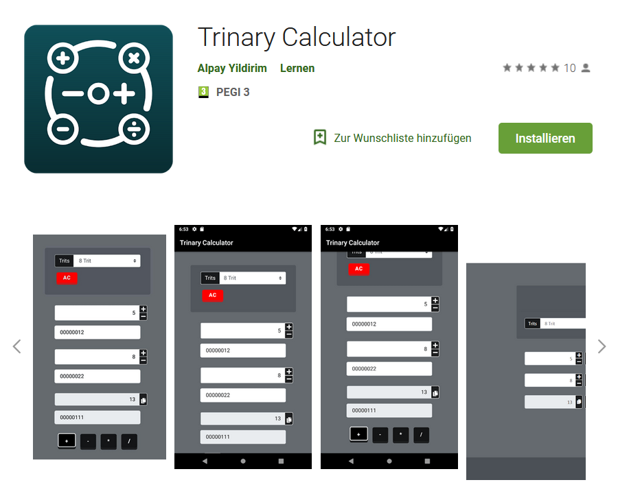 Free Google Play Store Trinary Calculator Addition Subtraction Multiplication Division NOT AND OR XOR Mobile (Smartphone)