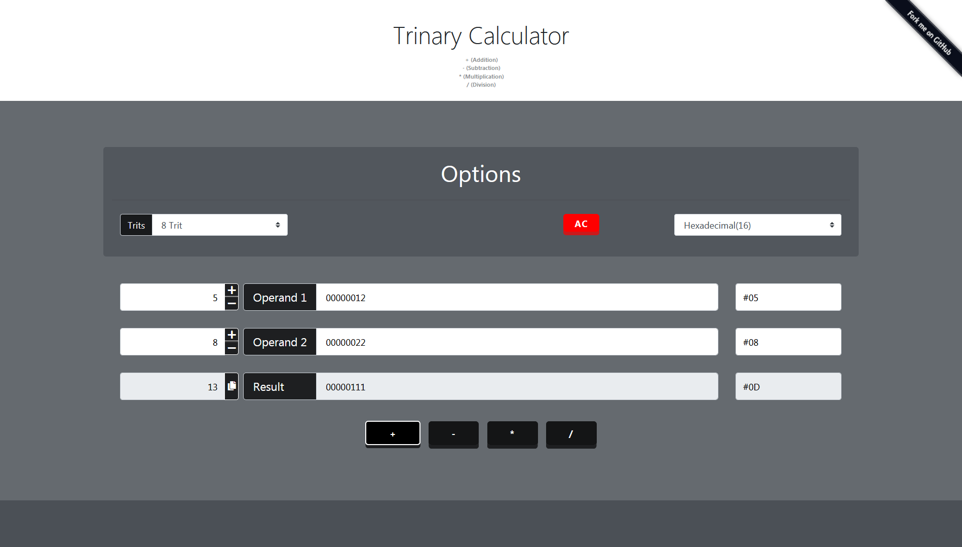 Trinary Calculator Addition Subtraction Multiplication Division NOT AND OR XOR