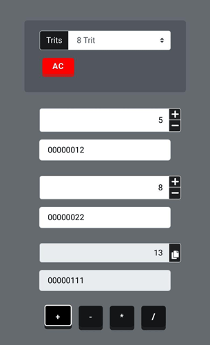 Trinary Calculator Addition Subtraction Multiplication Division NOT AND OR XOR Mobile (Smartphone)