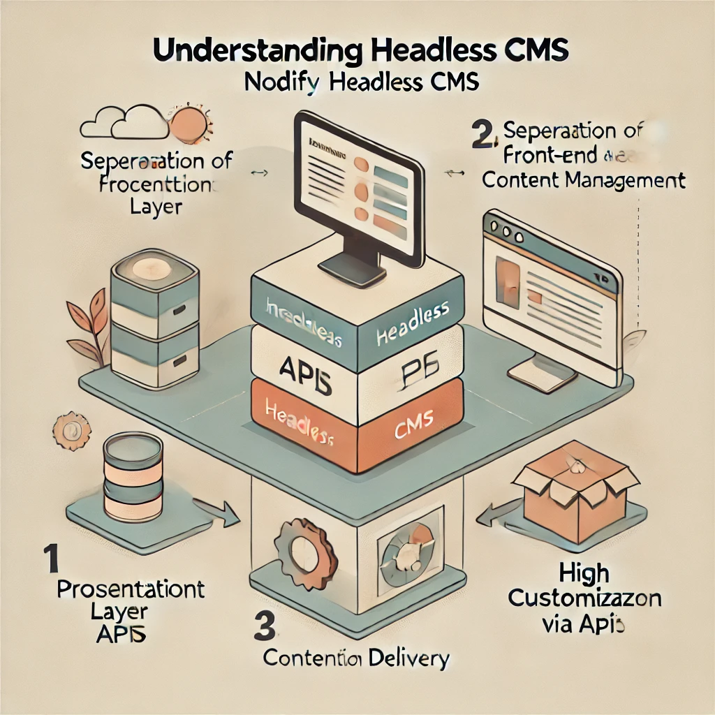 Diagram explaining the Headless CMS concept - separation between content management backend and presentation frontend
