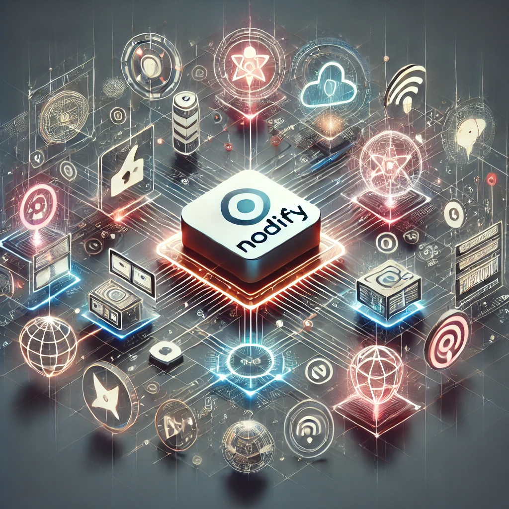 Illustration of Nodify content delivery channels: websites, mobile apps, IoT devices, social media, and voice assistants