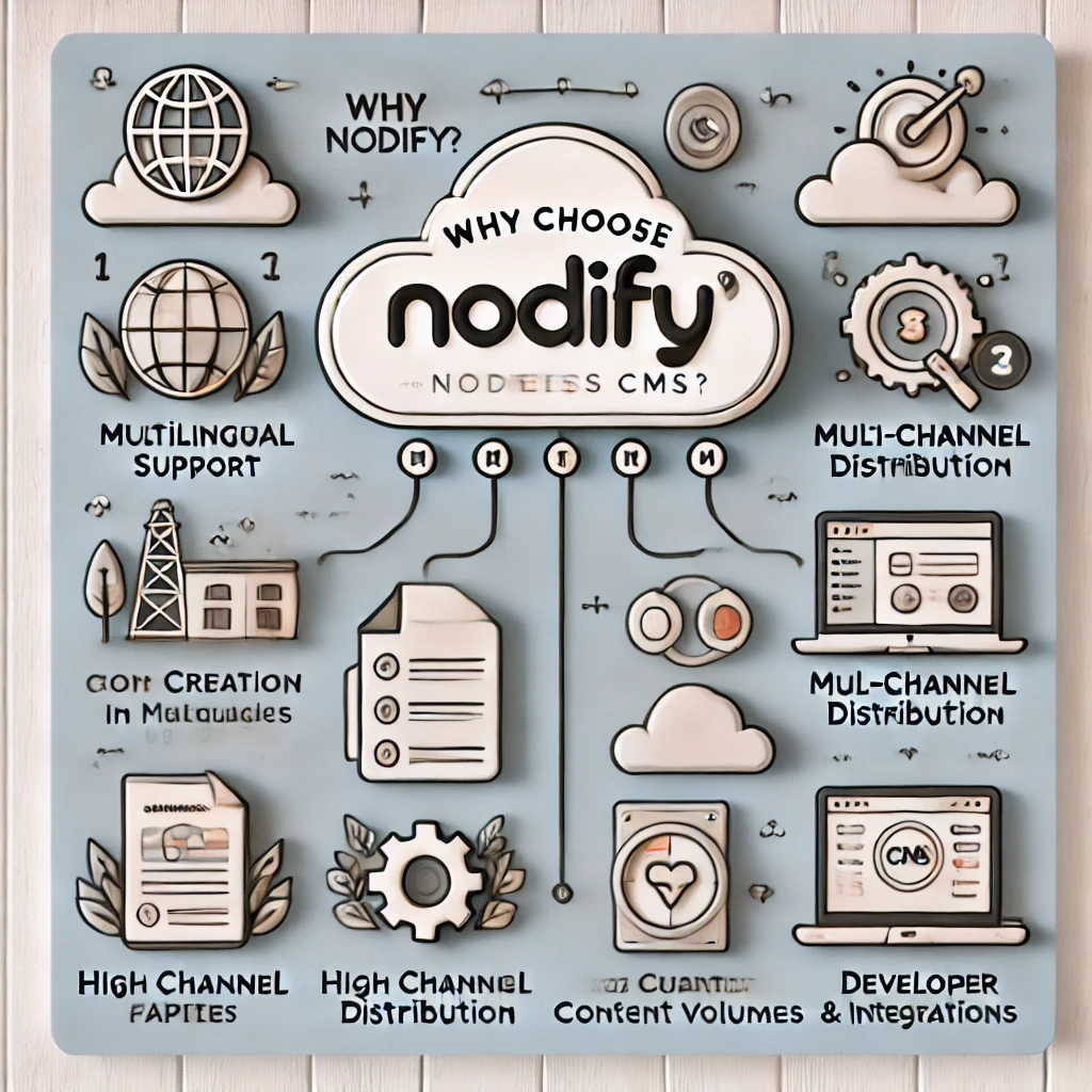 Infographic showing Nodify benefits: multilingual, multichannel, customizable, scalable, and developer-friendly