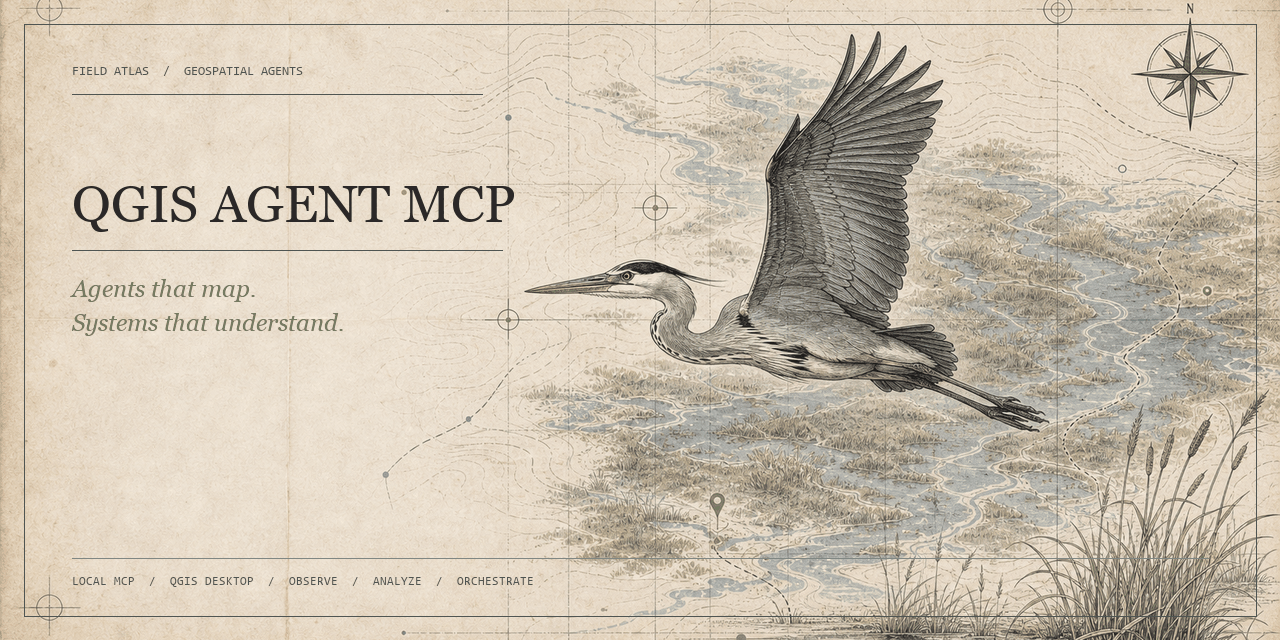 QGIS Agent MCP — geospatial agents illustrated by a grey heron over a field atlas