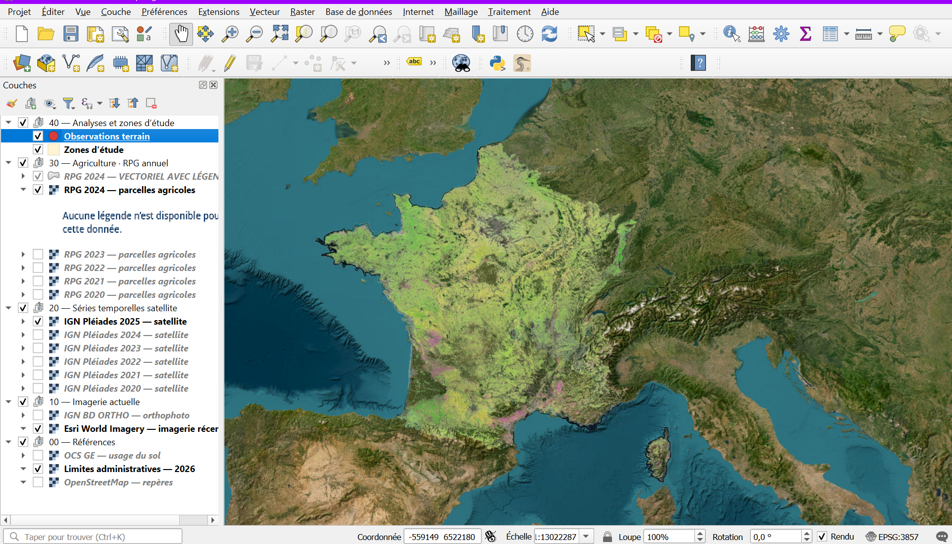 Agricultural data map generated from a blank QGIS project, France overview