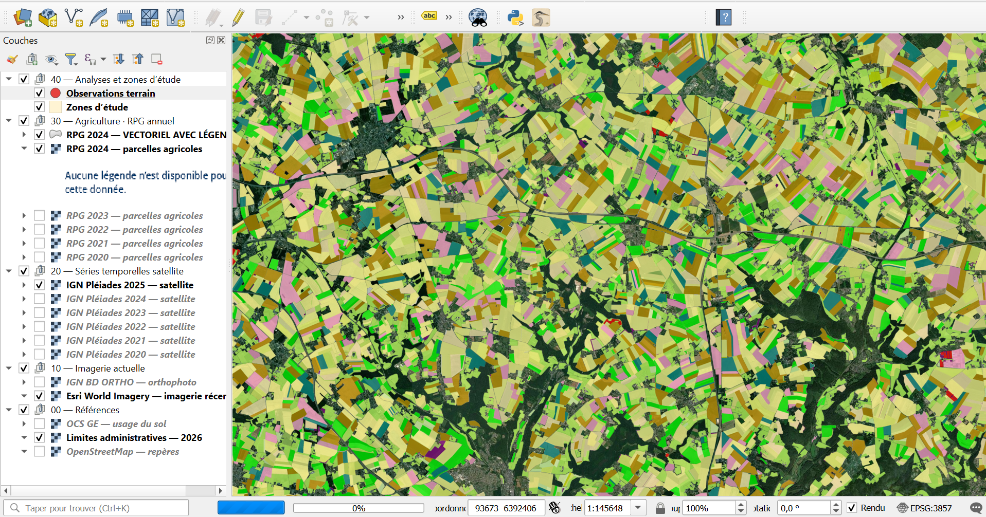 Agricultural parcel map generated from a blank QGIS project, regional overview