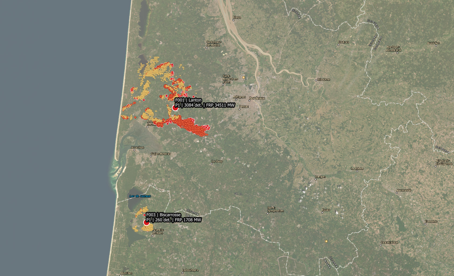 Wildfire monitoring map generated from a blank QGIS project, Bordeaux detail