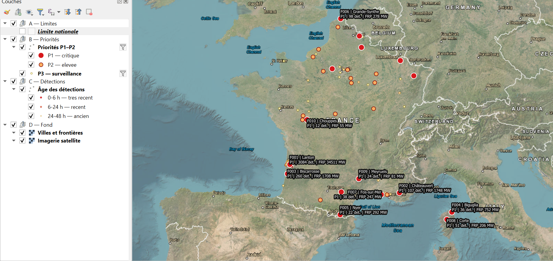 Wildfire monitoring map generated from a blank QGIS project, France overview