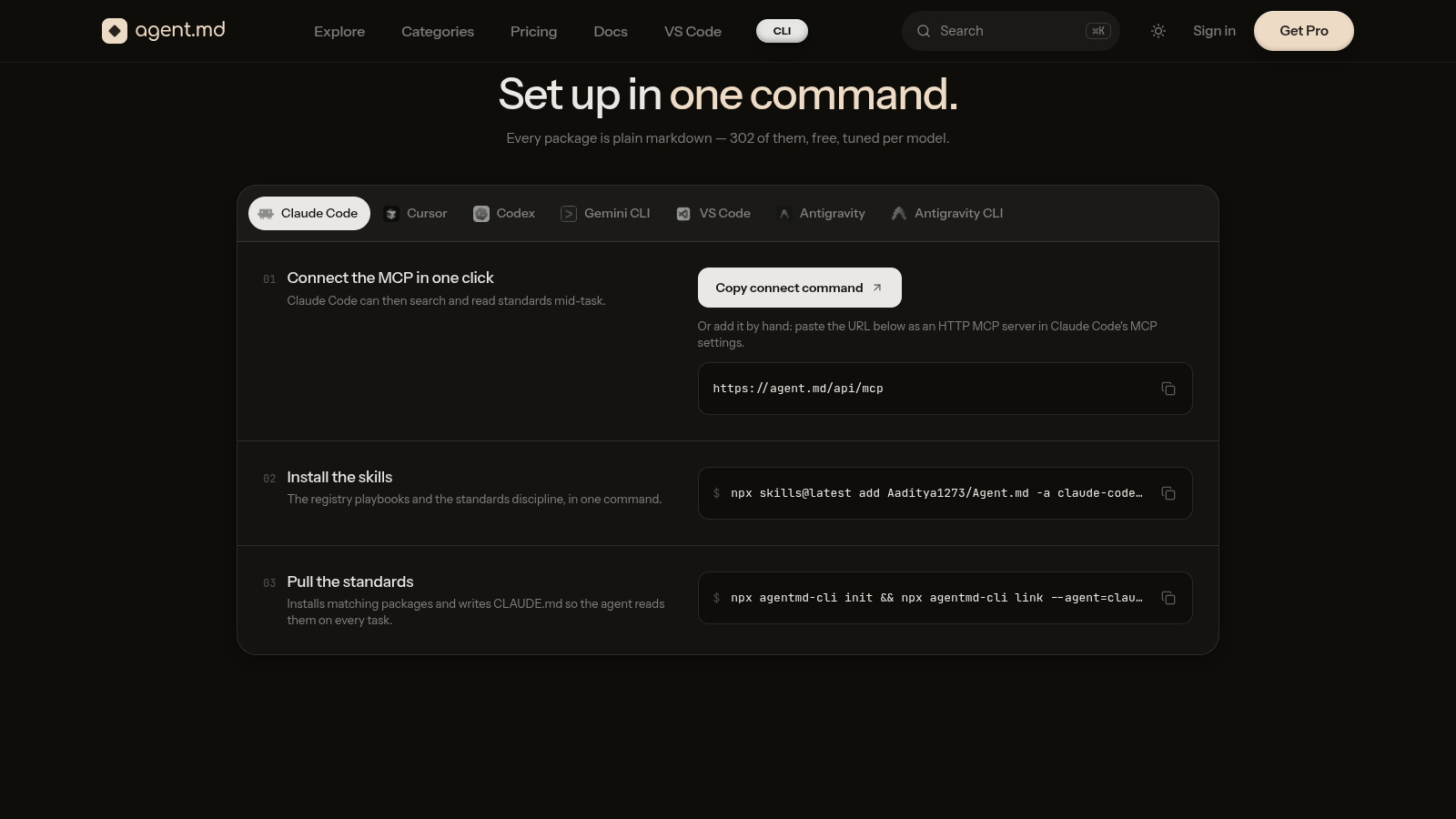 Set up in one command — Claude Code, Cursor, Codex, Gemini CLI, VS Code, Antigravity