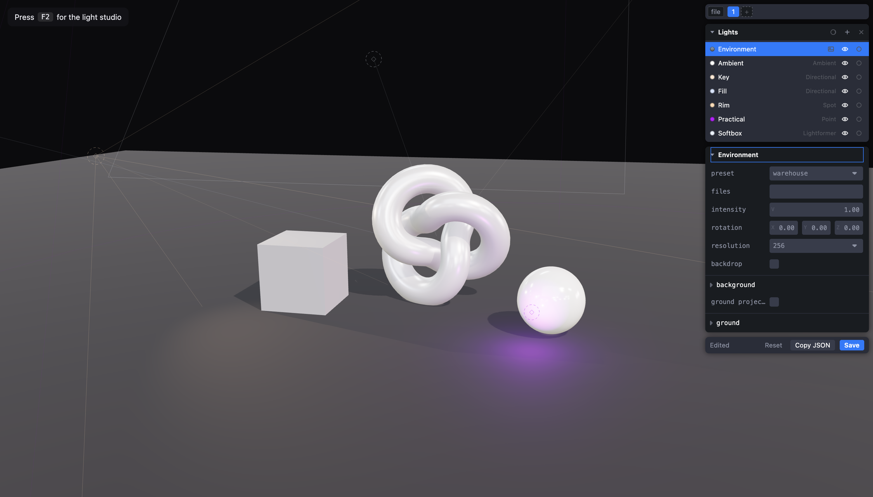 The editor open over a scene, showing the outliner, the environment's properties and a helper drawn for every light