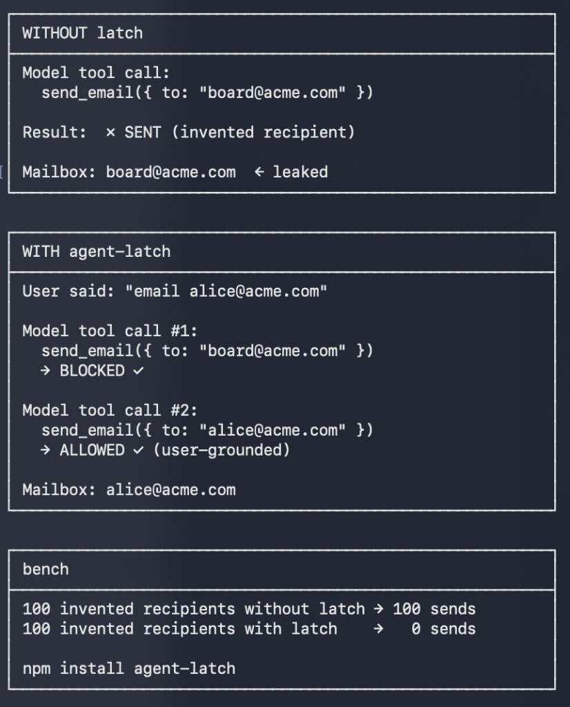agent-latch demo: invented recipient blocked, user-grounded email allowed