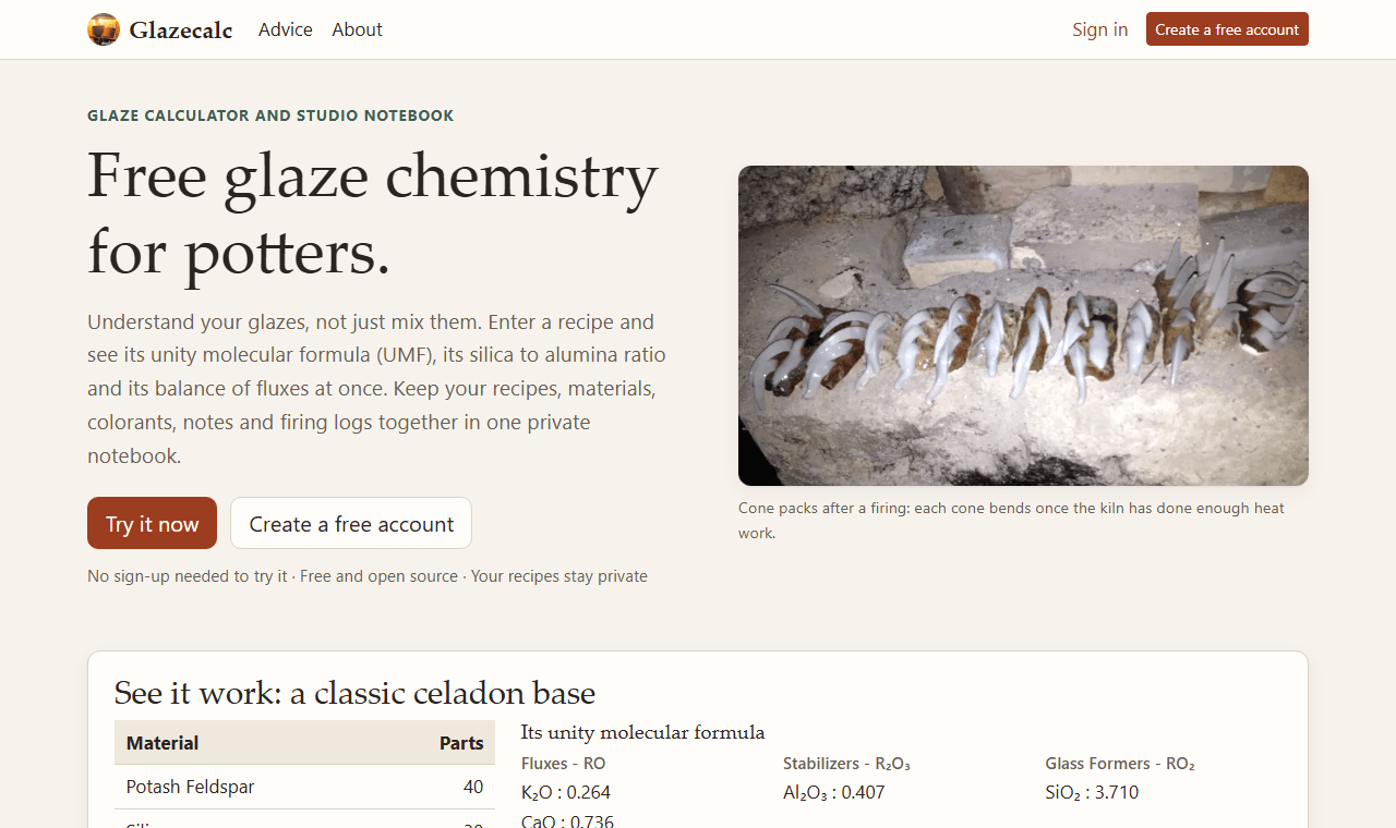 The Glazecalc intro page: "Free glaze chemistry for potters", with a photo of fired cone packs