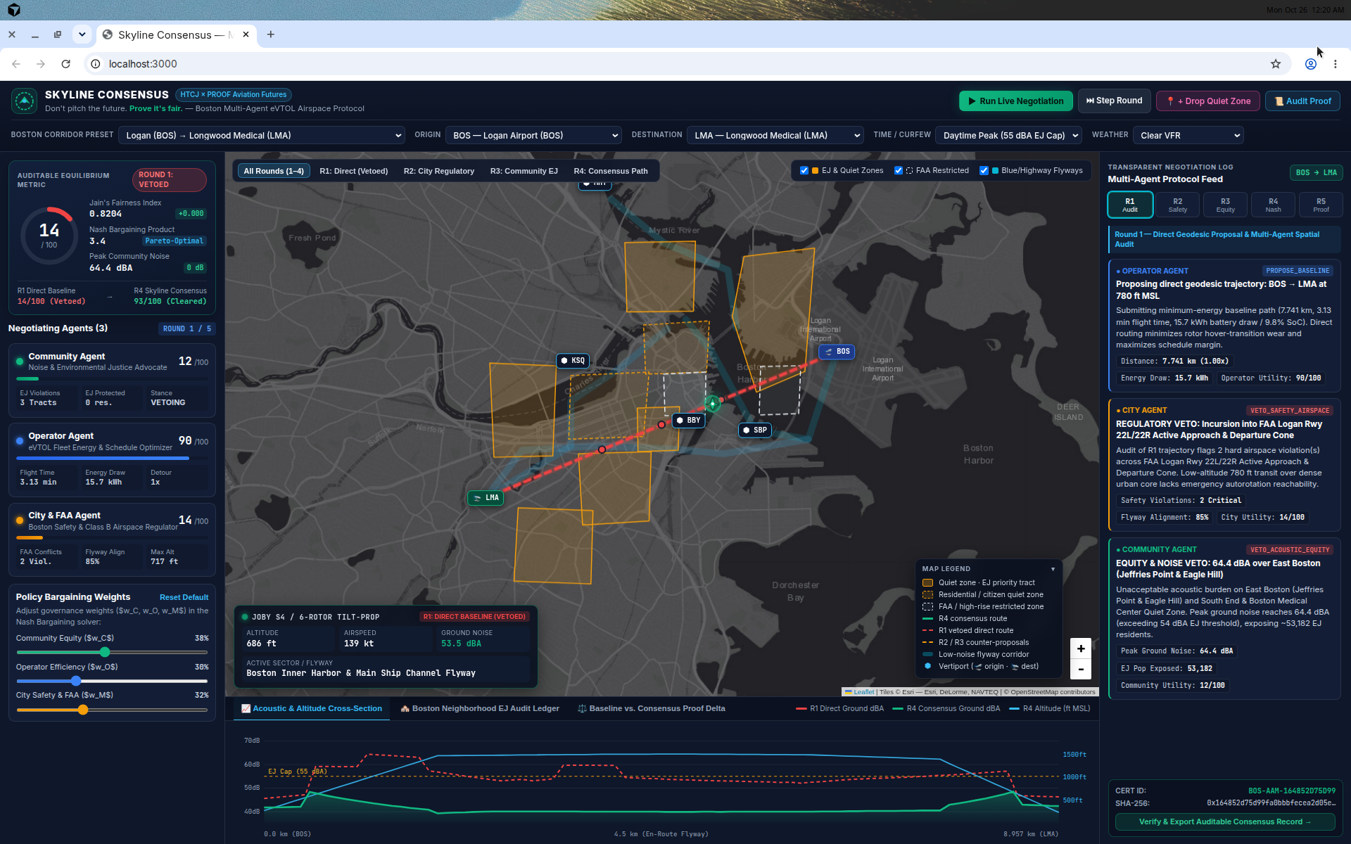 Mission-control dashboard — live negotiation HUD, Boston map, and telemetry