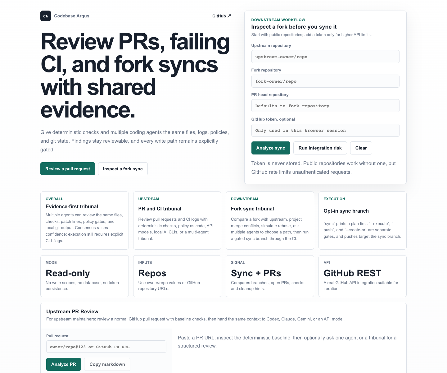 Codebase Argus dashboard showing PR, CI, and downstream fork-sync review workflows