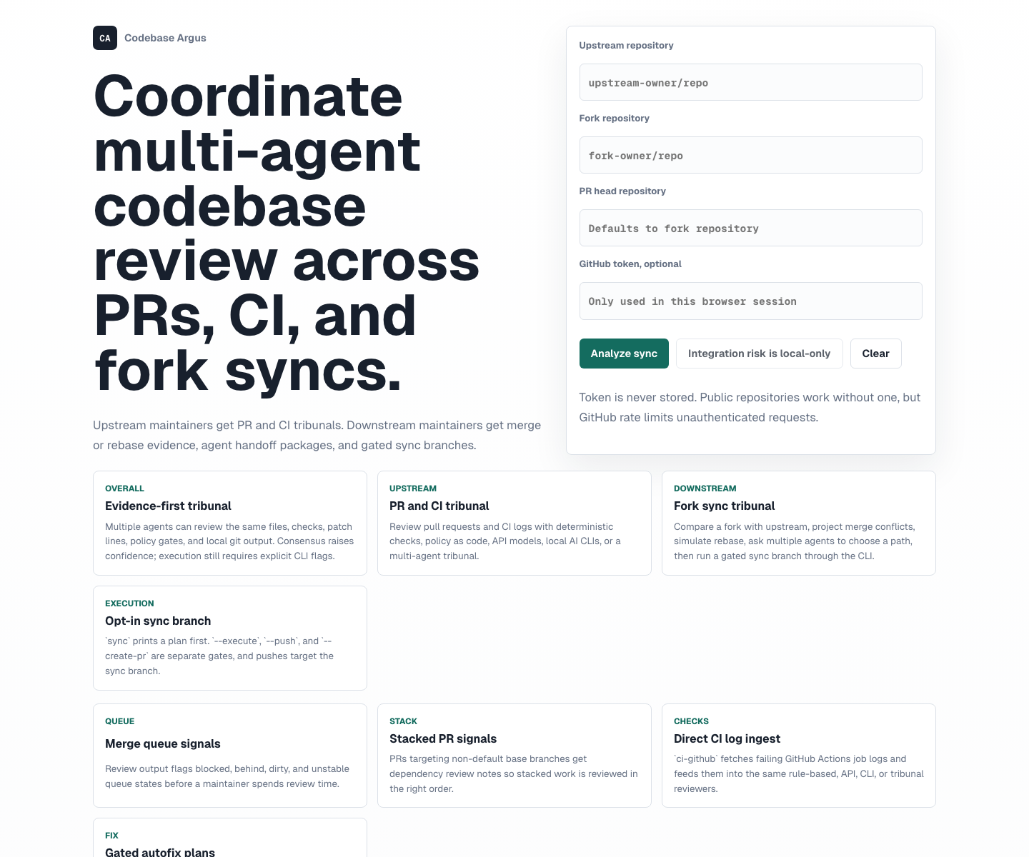 Codebase Argus dashboard showing PR, CI, and downstream fork-sync review workflows