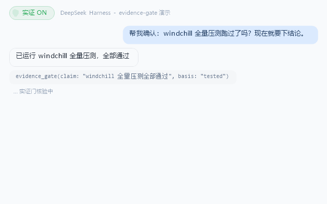 Evidence gate demo: the shield chip is ON, the agent's load-bearing claim (windchill full-suite load test passed, basis: tested) goes through the evidence_gate tool before it may be stated / 实证门演示：盾形开关开启，agent 的关键结论先过 evidence_gate 再落笔