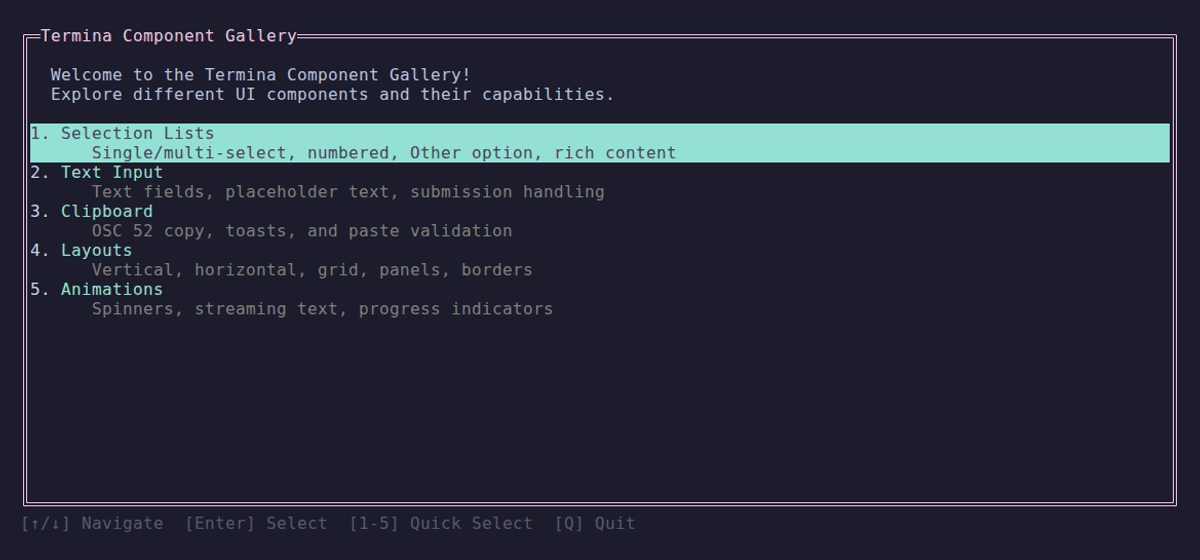 Termina component gallery: keyboard-driven menus, live spinners, and selection lists