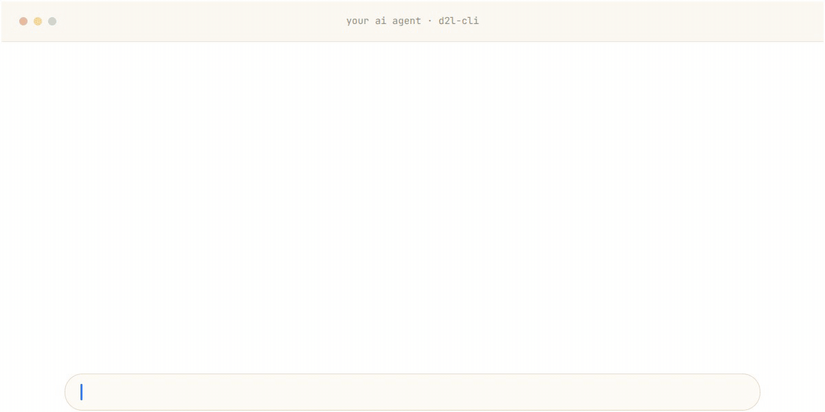 A student tells their AI agent: im cooked, calc exam friday — the agent reads the syllabus, downloads the lectures, and starts a quiz, then the scene zooms out to the d2l-cli banner
