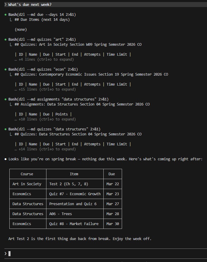 Claude Code checking due dates across courses and listing upcoming items